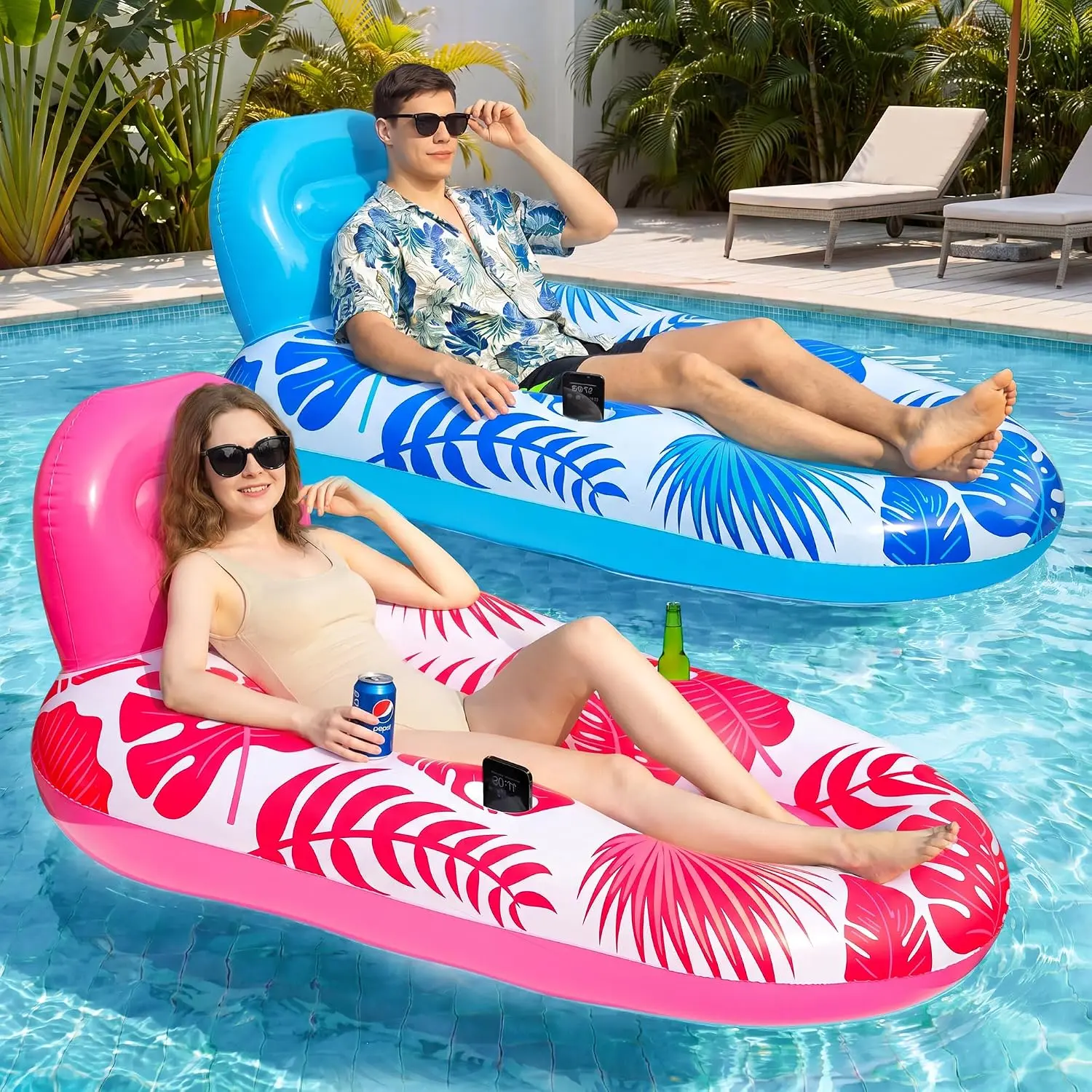 2-Pack Inflatable Pool Floats for Adults - Heavy Duty Pool Lounge Chair Floaties with Cup Holder, Water Floating Rafts Swimming Toys for Summer Party Travel