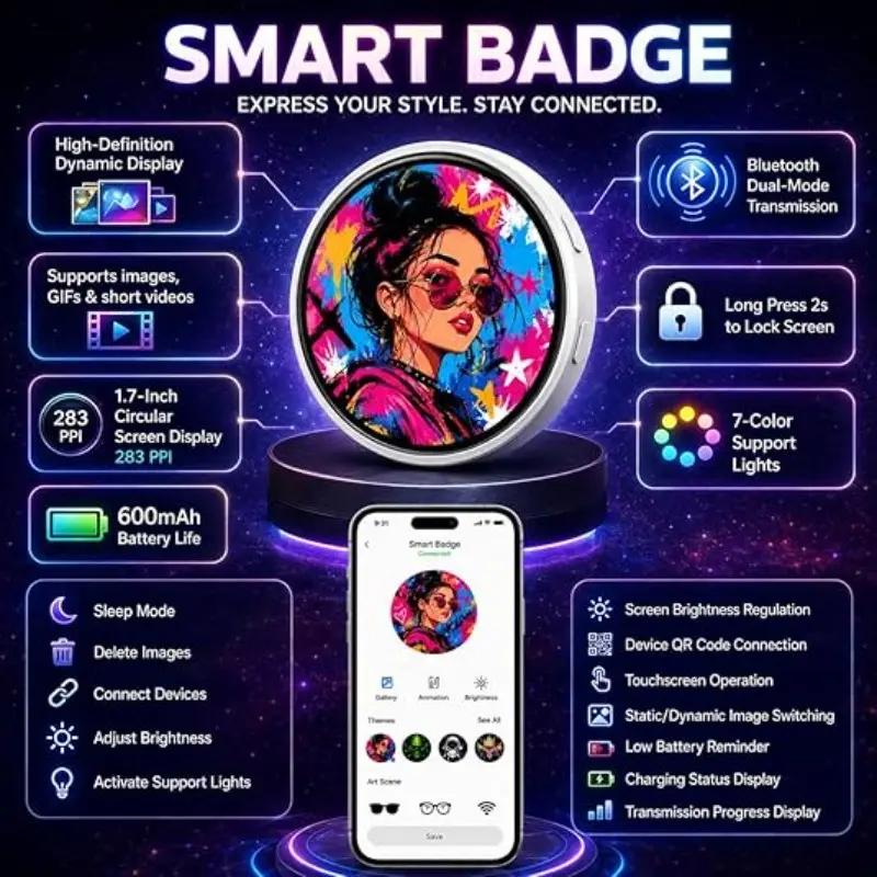 Digital Badge Pin, Pixel Badge Pin Digital Display with 1.7'' IPS Touch Screen – Custom Photo Slideshow & GIF Display via Bluetooth, Keychain/Itabag Accessory with Magnetic Clip, Anime Pins Gift for Kids, Teens & Fans
