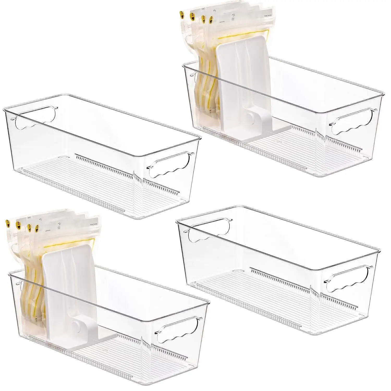 4-Pack Plastic Breast Milk Storage Bin Organizers with Sliding Adjustable Dividers, Flexible Compartment Adjustment, Fridge & Freezer Compatible