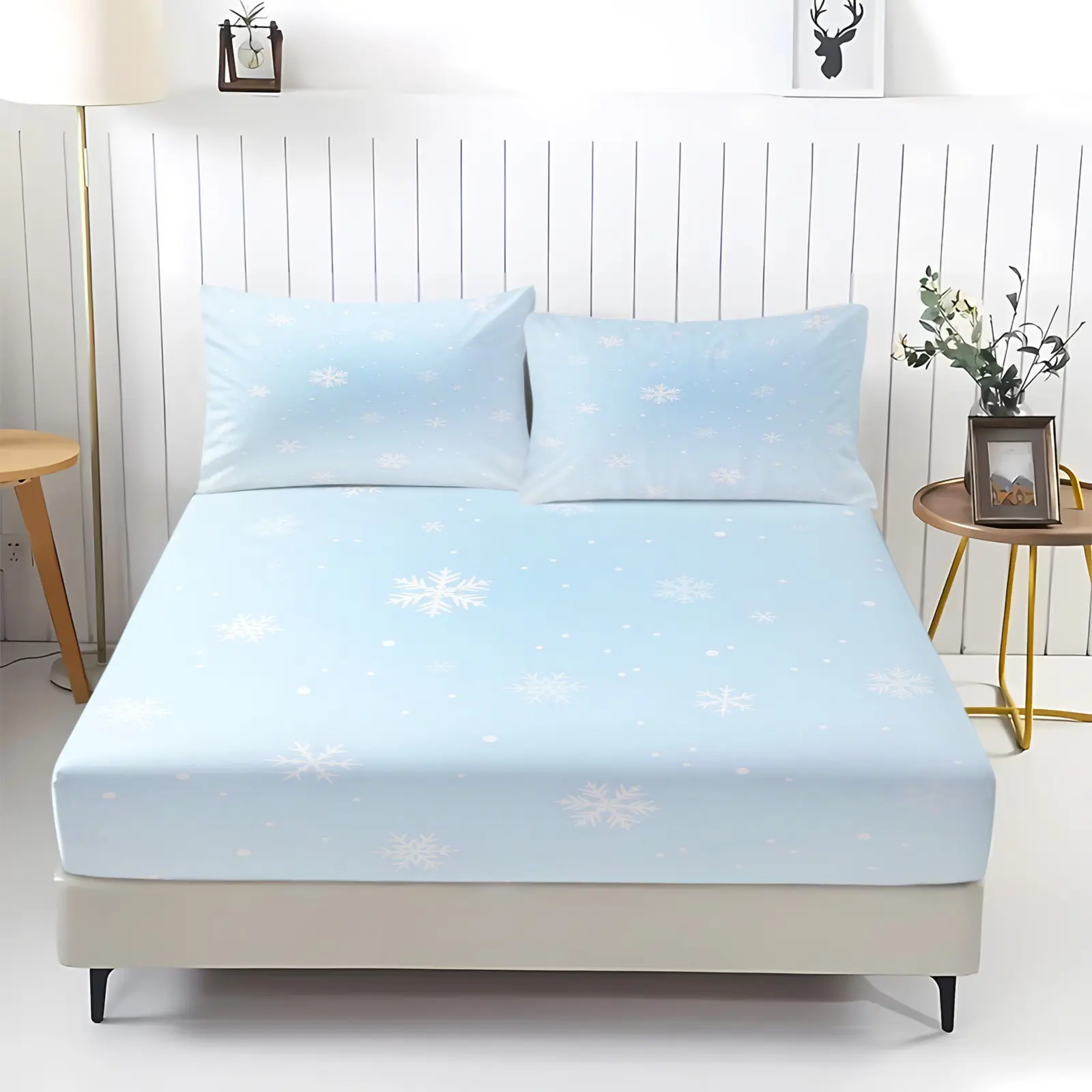 Pastel Light Blue Scattered Snowflake Dot Fitted Sheet Set, Bed sheet set, 360° Elastic Anti-Slip Design, HD Fade-Proof Digital Print, Soft Breathable Machine Washable Fabric, Includes 2 Pillowcases - without Core Minimalist Winter Bedroom Decor