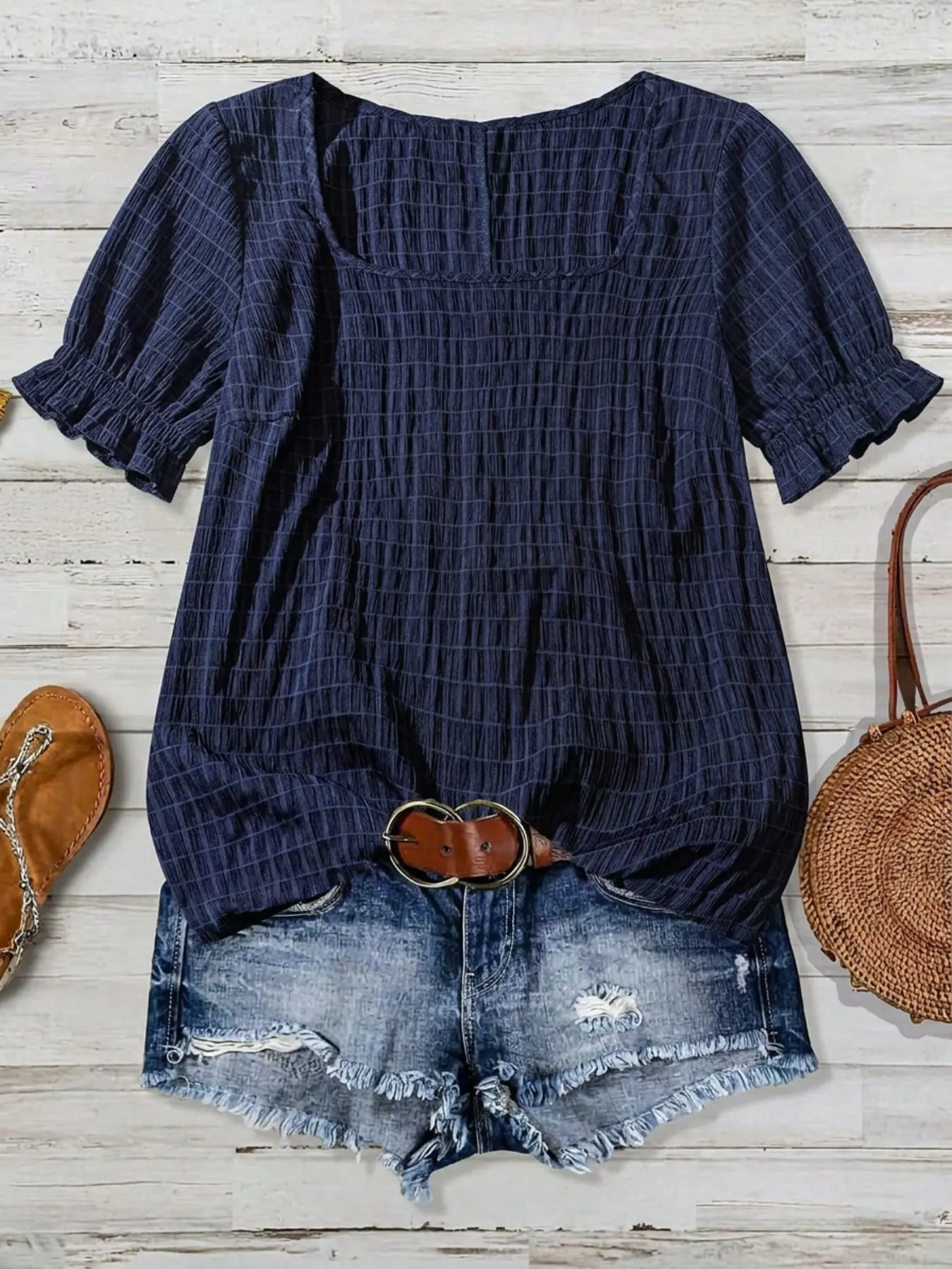 1 Piece Square Neck Puff Sleeve Textured Aesthetic Blouse, Loose Ruched Short Sleeve Top