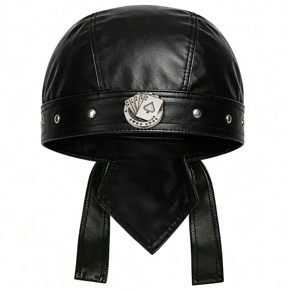Men's PU Leather Motorcycle Skull Cap - 100% Polyester, Adjustable Back, Casual Daily Doo Rag Headwrap for All Riding Enthusiasts