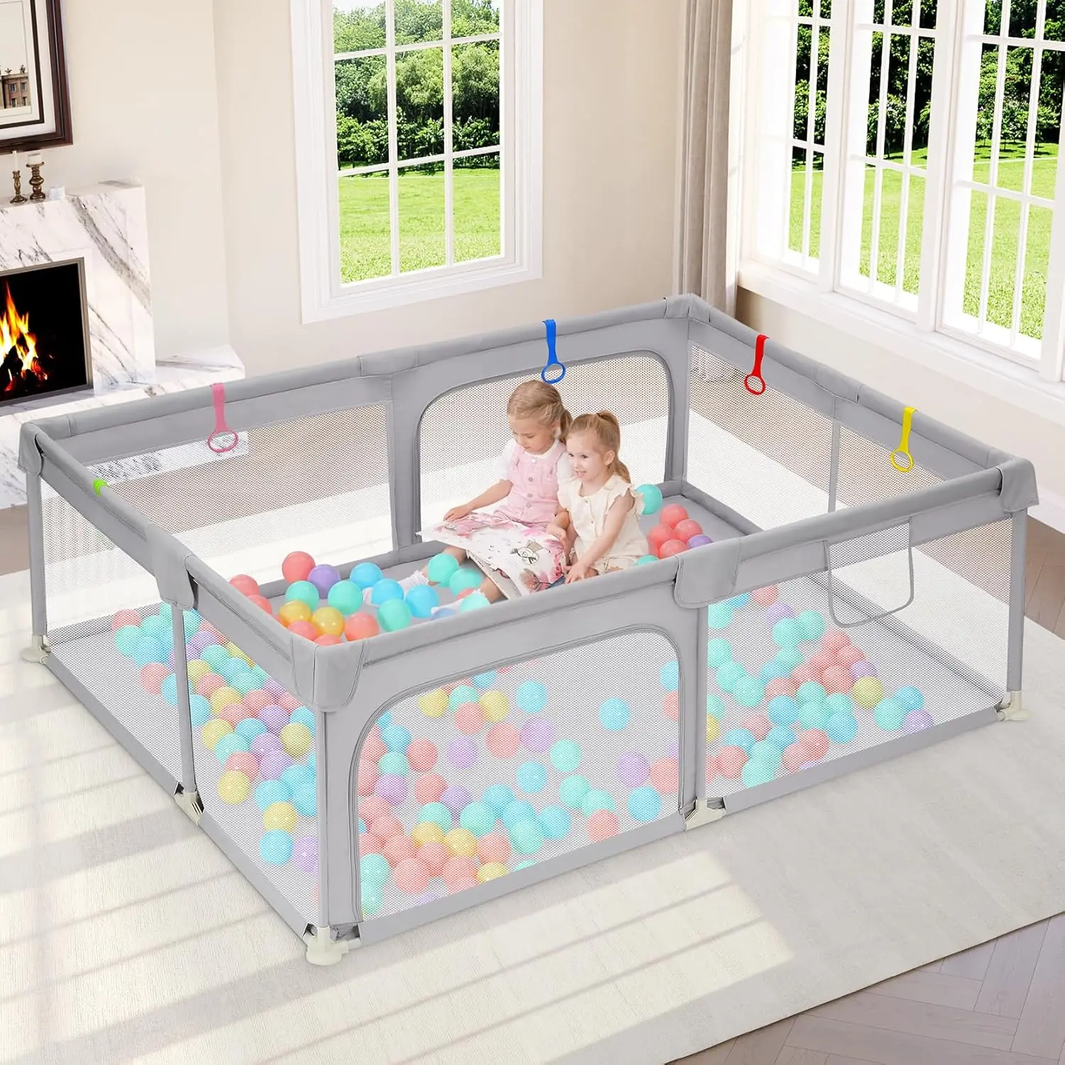Large Baby Playpen 71"x47", Big Play Pens  Babies and Toddlers- Indoor & Outdoor Kids Safe Play Area, Soft Breathable Visible Mesh, Anti-Fall & Anti-Slip Design Baby Fence, Grey