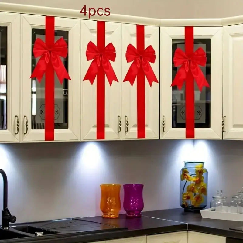 Christmas Holiday Bow Set, 4 Pieces Decorative Ribbon with Adhesive, Reusable Non-Electric Door Cabinet Decoration, Perfect for Seasonal Celebrations
