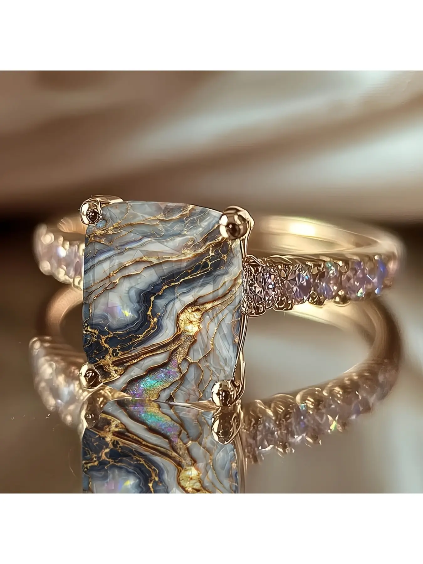 Blue-gray gilded flowing water texture square ring, with its smudged pattern featuring a natural shimmering and iridescent texture, exuding a high-class and cool-toned aesthetic, suitable for commuting and stacking, a niche, delicate, commemorative, and d