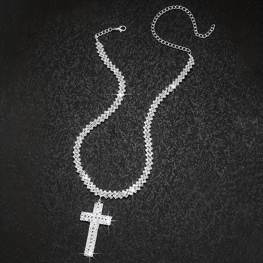 Sparkling Silver Tone Crystal Cross Pendant Necklace Pave Cuban Link Chain Design Glamorous Iced Out Statement Jewelry Ideal for Hip Hop Fashion and Bold Night Out Looks Funny Pig Personalized Valentine's Day Titanium Zircon Eye Photo Versatile name men's