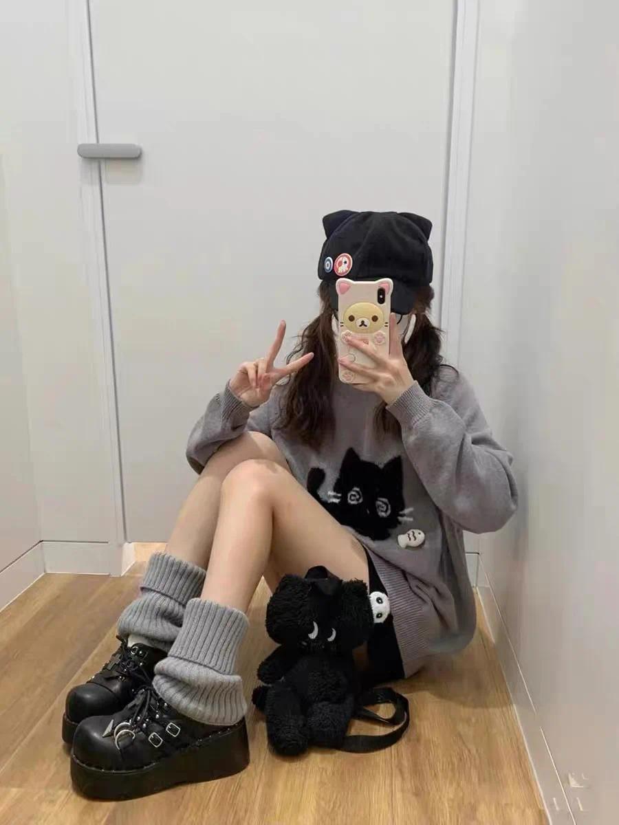 Autumn Gray Vintage Elegant Knit Pullover Woman  Cartoon Print Design Harajuku Sweater Feamale  Long Sleeve Retro Clothes