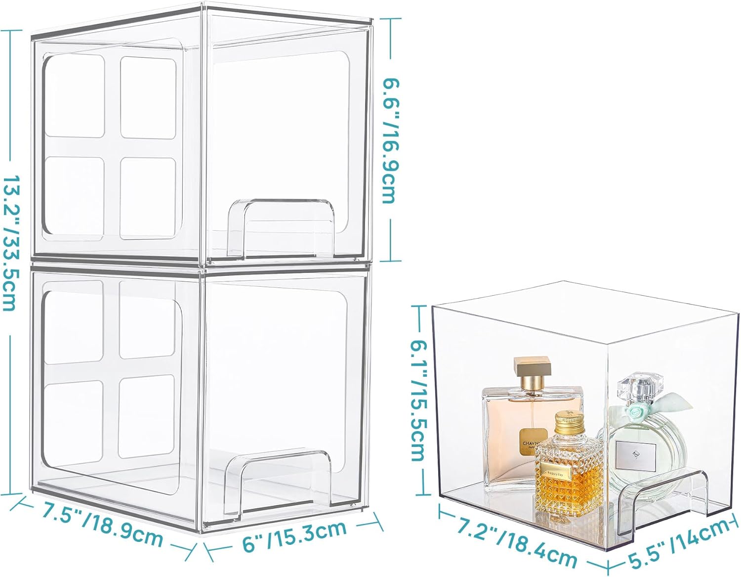 4 Pack Stackable Storage Drawers, 6.6''Tall Acrylic Bathroom Makeup Organizers,Clear Plastic Drawers For Vanity, Undersink, Kitchen Cabinet,Pantry Organization and Storage