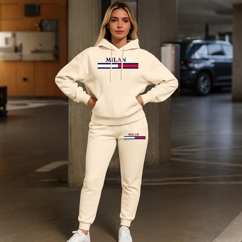 Women's MILANO Print Hoodie And Drawstring Track Pants Set, Casual Sportswear, Long-Sleeved Hooded Jacket And Pants, Suitable For Autumn And Winter, Everyday Wear, Indoor And Outdoor Sportswear, Casual Sportswear. Women's MILANO Print Hoodie And Drawstring Track Pants Set, Casual Sportswear, Long-Sleeved Hooded Jacket And Pants, Suitable For Autumn And Winter, Everyday Wear, Indoor And Outdoor Sportswear, Casual Sportswear.