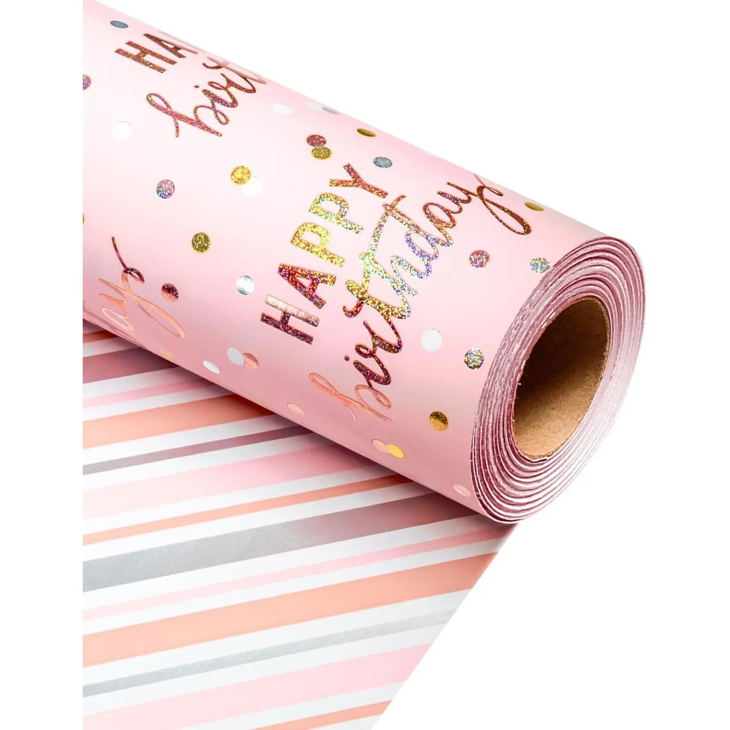 Birthday Wrapping Paper Roll,  Metallic Holographic Happy Birthday Wrapping Paper Featuring Revesible Stripe  Wrap Paper for Girls Boys  Men, 17 Inches x 33