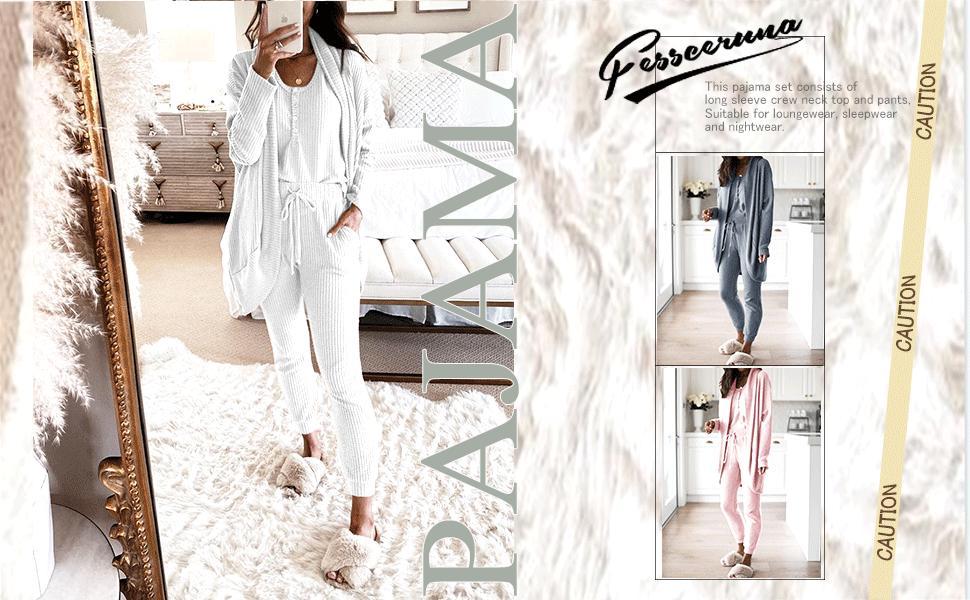 FMEYOA Womens Waffle Knit 3 Piece Lounge Sets Pajama Tank Top Long Sleeve Cardigan and Pants Loungewear Outfit