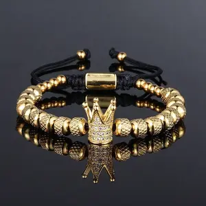 1pc Luxury Micro-Inlaid Cubic Zirconia Crown Bracelet, Pineapple Texture Stainless Steel Beads Adjustable Braided Rope Bracelet, Suitable For Men's Daily Wear, Gift For Friends, Boyfriend, Father's Day