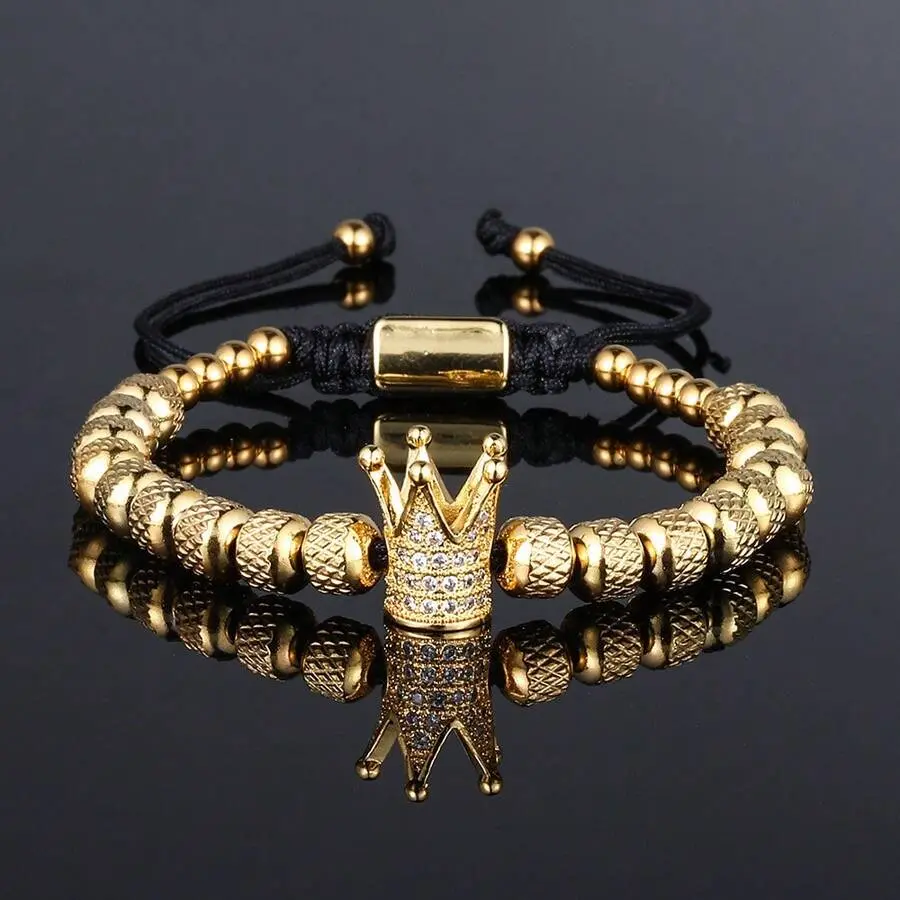 1pc Luxury Micro-Inlaid Rhinestones Crown Bracelet - Stainless Steel Pineapple Texture Beads, Adjustable Braided Rope Bracelet for Male Daily Wear, Party Gift