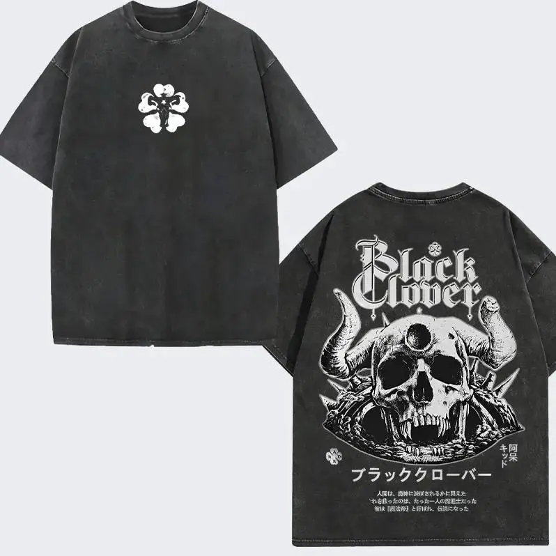 Men's Casual Fashion Vintage Washed Graphic Tee, Black Clover Skull Pattern, Embroidered Flower Decor, Round Neck, Short Sleeve, Regular Length, Straight Hem (Couple-Style Option Available)