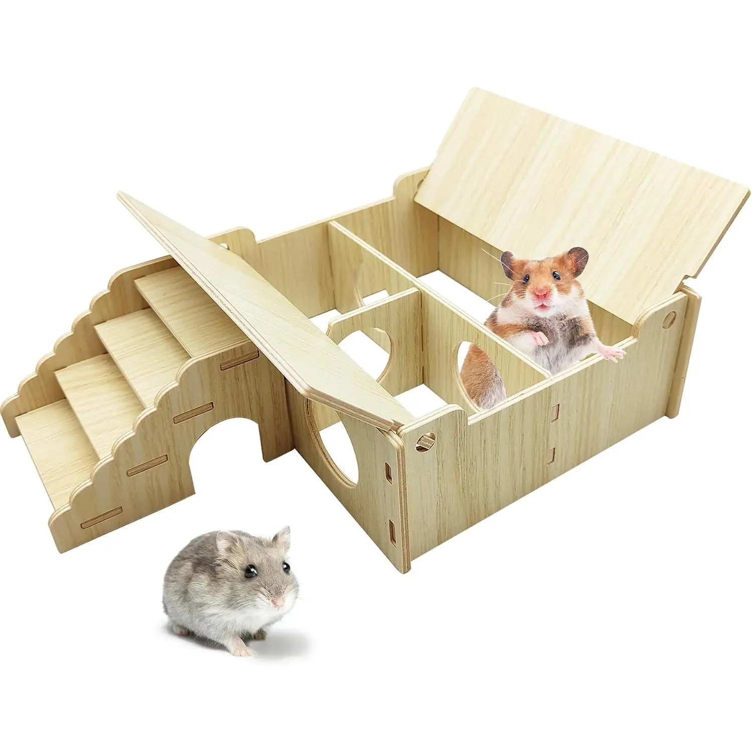 Wooden Hamster Hideout Tunnel Multi-Chamber House  Hamster Hiding Hut Maze Platform Habitats Exploring Toys for Gerbil Rat Mice