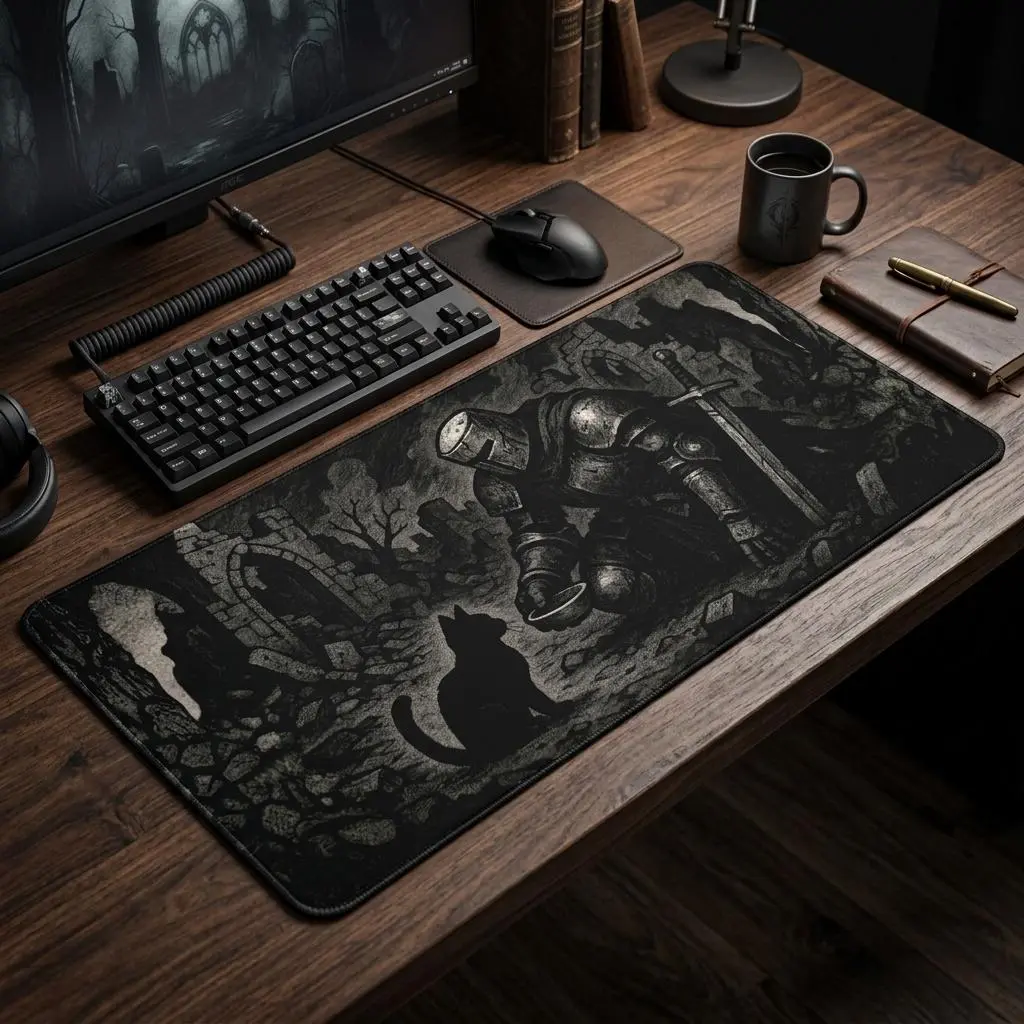 Knight and Black Cat Mousepad,Large Mouse Pad 23.6" x 13.8" with Stitched Edges, Waterproof Gaming Desk Mat, Anti-Slip Rubber Base Computer Mouse Pad for Office & Gamer
