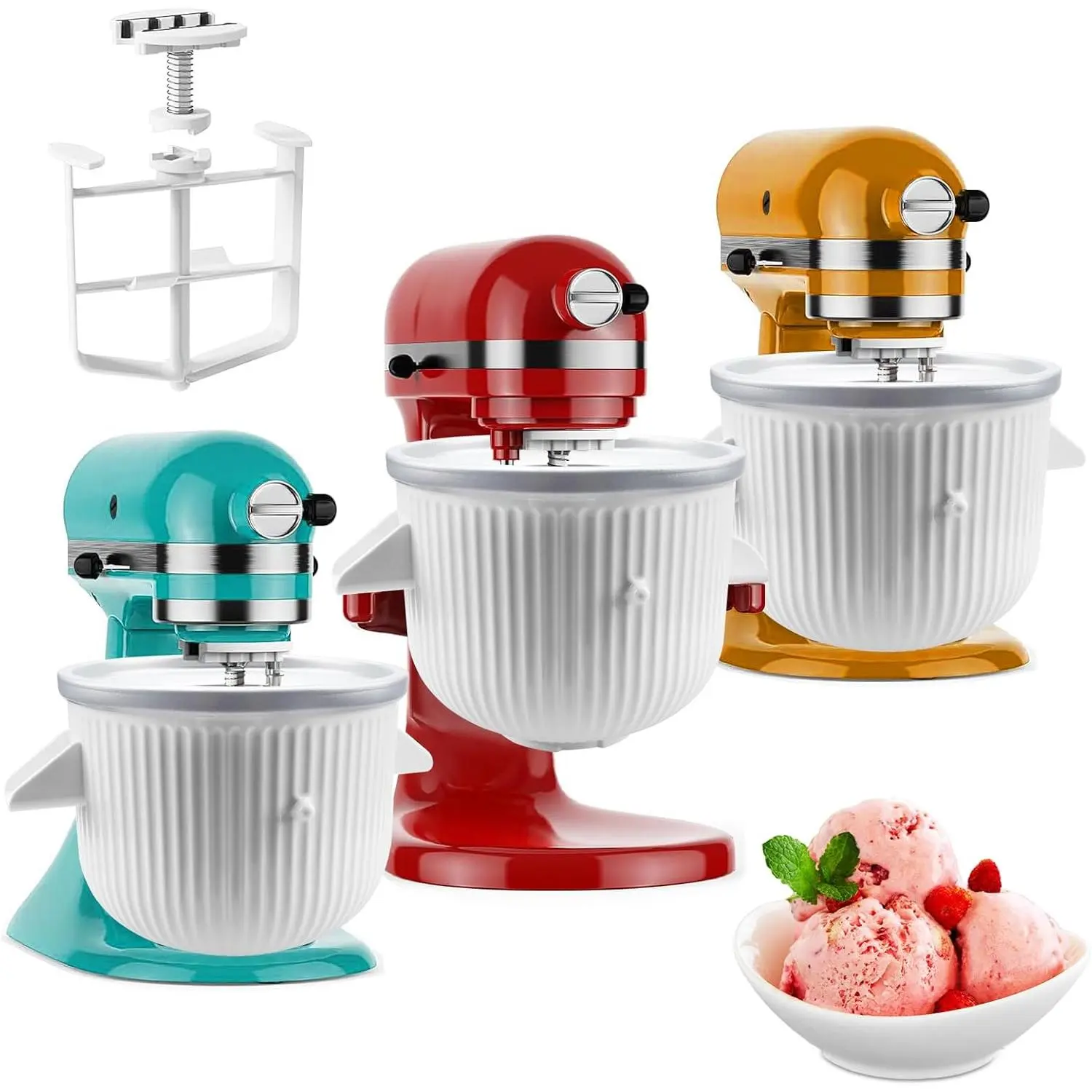 Ice Cream Maker Attachment Stand Mixer, Ice Cream Bowl Compatible with 4.5Qt and Larger Stand Mixers, Ice Cream & Sorbet Gelato Maker Attachment, 2 Quart, White