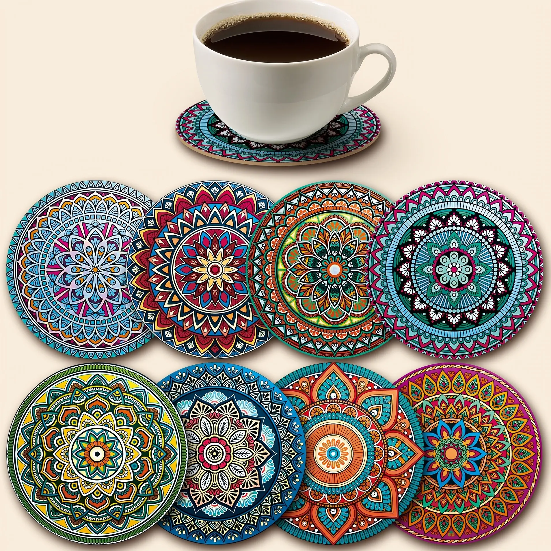 8 Piece Mandala Cup Mat Set, Wooden Cup Mats, Wood Coasters, Essential for Holiday Parties, Suitable for Bar, Office, Home, 10cm X 10cm