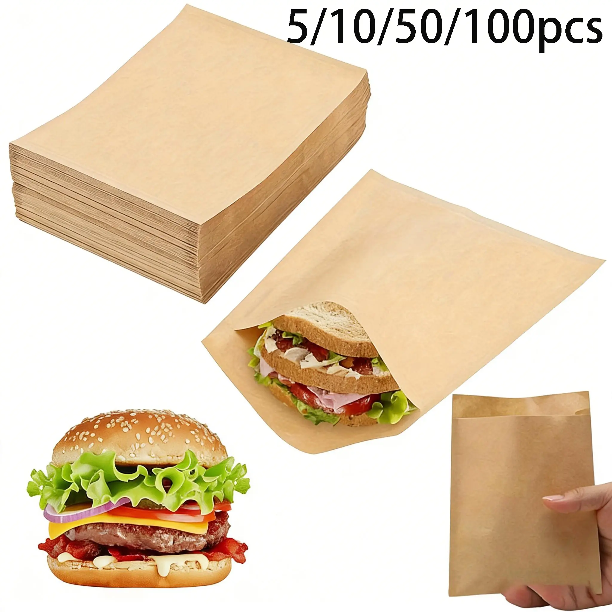 Kraft Paper Sandwich Bags, Greaseproof Disposable Food Bags, Leak-Resistant Snack Packaging, Party Catering Food Truck Supplies, Party Supply, Disposable Products