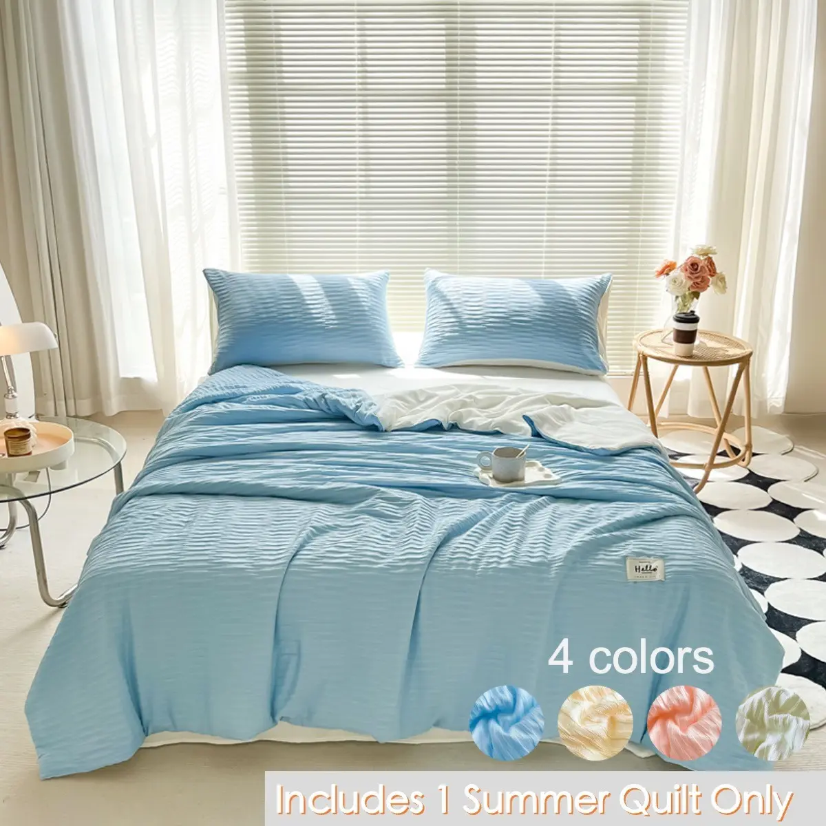 1-Piece Cute Solid Color Air-Conditioner Quilt, Sakura Pink, Sky Blue and Light Green Available, Vertical Stripe Crinkle Fabric, Soft Skin-Friendly Breathable and Lightweight, Ideal for Girls’ Dorm, Bedroom and Hotel, Summer Lightweight Quilt