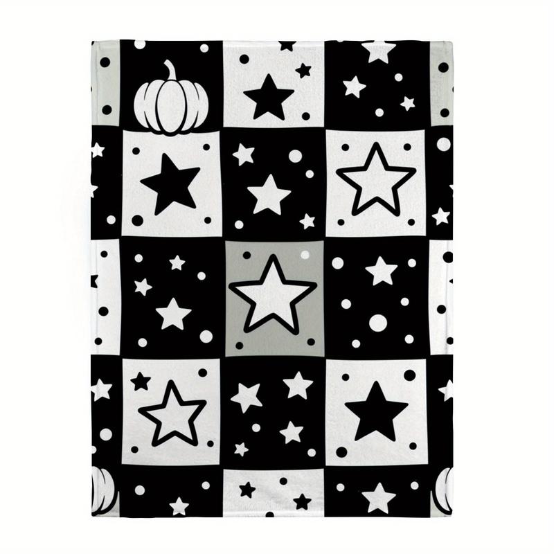 Comfortable Black & White Star Print Flannel Blanket - Soft Year-Round Bedspread with White Polka Dots and Large Gray Stars, Cozy Bedding for Movie Nights and Rooms - Thick Durable Fabric (No Embellishments)