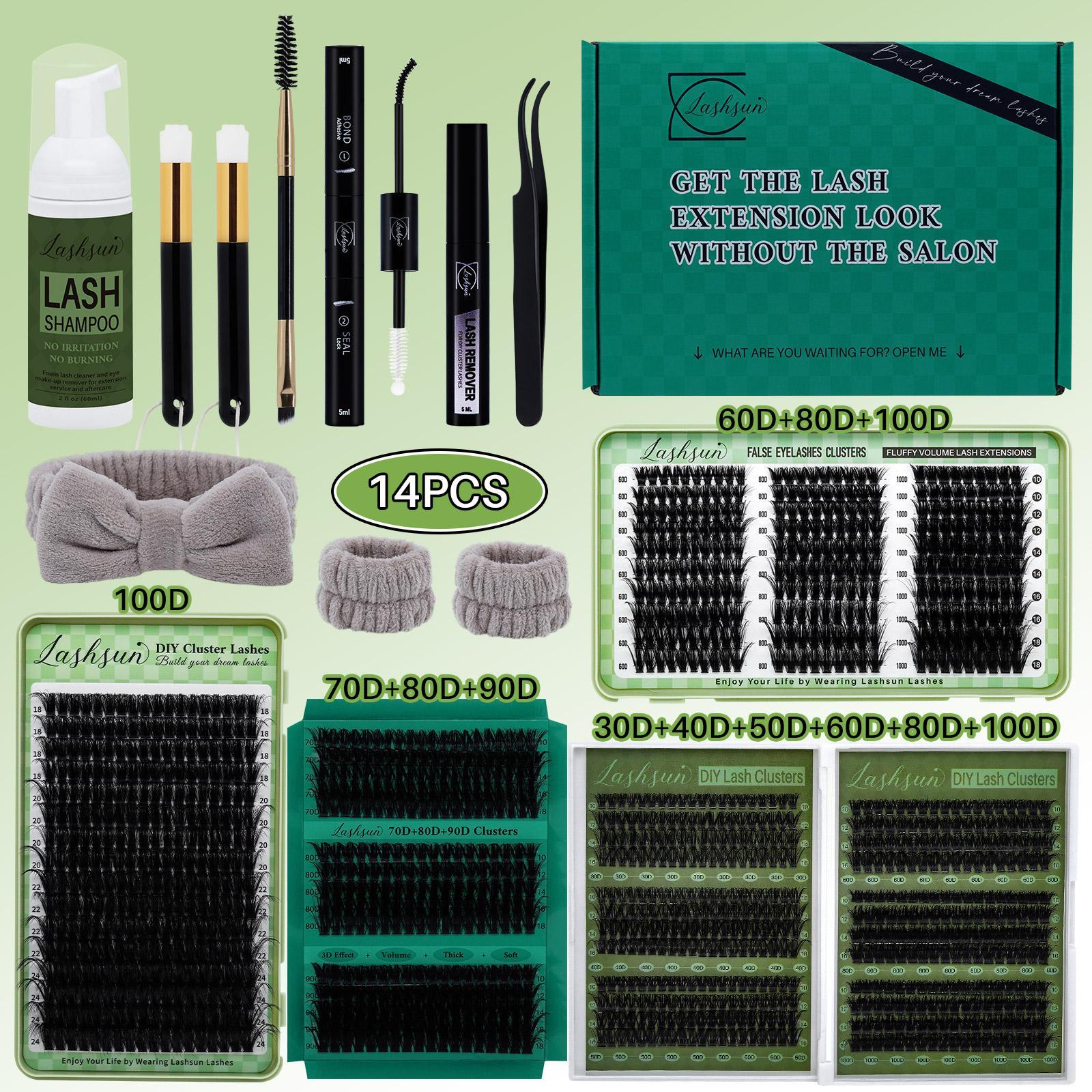 LASHSUN 14PCS BIG KIT, DIY Lash Clusters D Curl High Capacity  Mixed Length 8 styles Volume & 3D Effect Cluster Lashes Kit, Kit with Bond&Seal Lash Remover Lash Brush Headband Wristband Tweezers Lash Shampoo & Brush