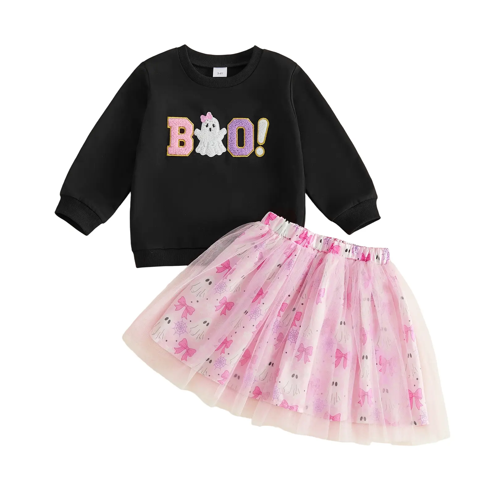 Canrulo Toddler Baby Girl Halloween Outfit Boo Ghost Patch Long Sleeve Sweatshirt Tulle Tutu Skirt Set Holiday Party Clothes