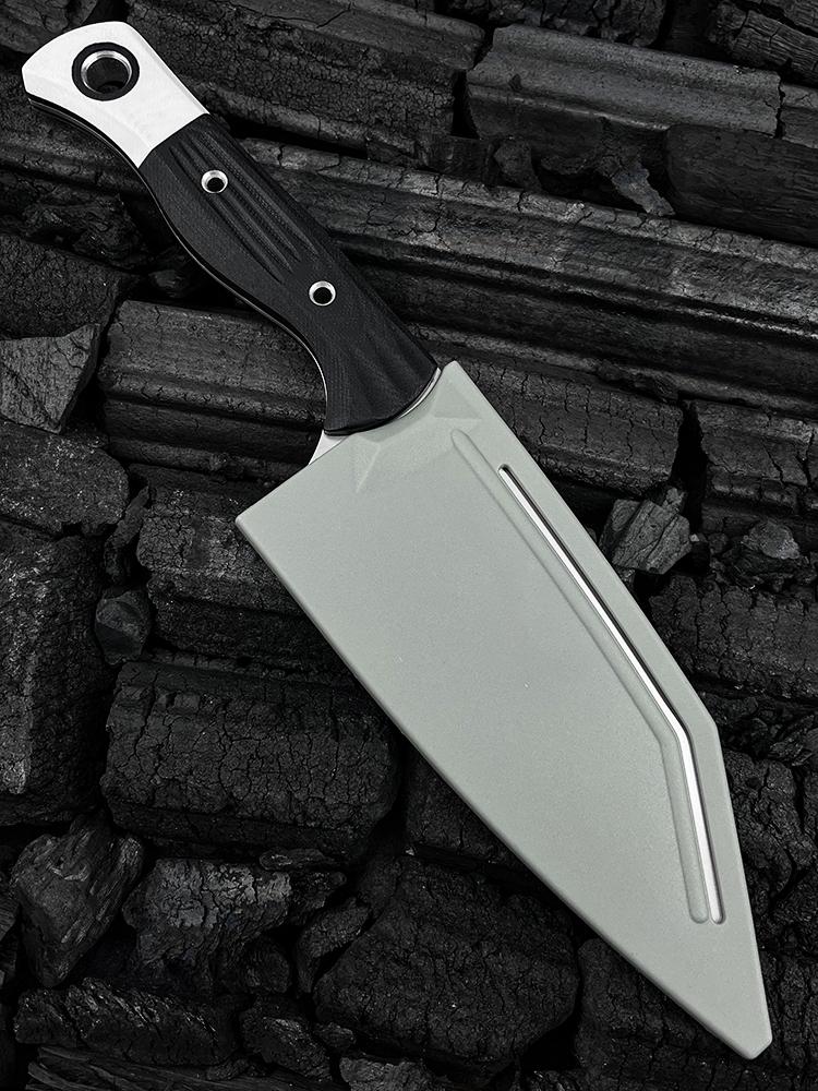 4010 Station Knife Kitchen Knife Fixed Blade  5.9" CPM-154 Stainless Steel Clip Point Blade, OD Black G10 Handles with White G10 Bolsters, Plastic Sheath Hiking Camping kitchen knife, slicing knife