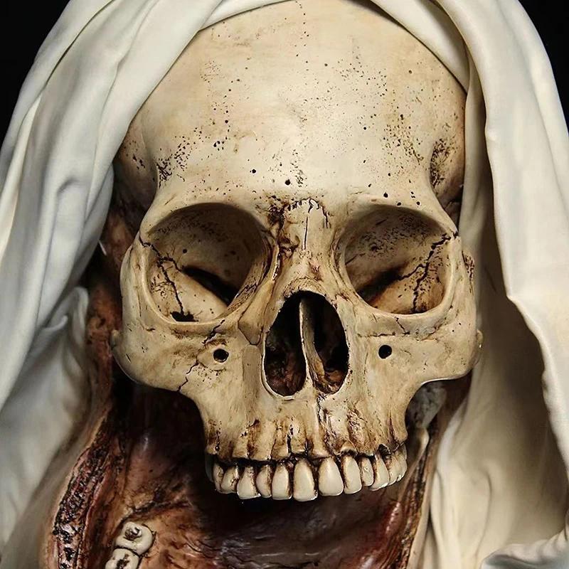 Creepy Nun Resin Statue Halloween Skull Transfiguration Sculpture for Home Decor Unique Artistic Horror Figure Desktop Ornament