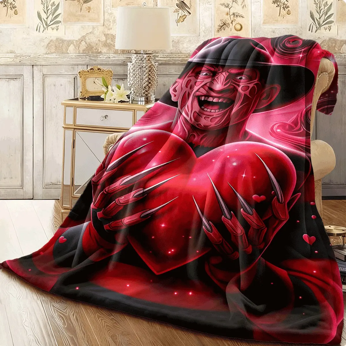 Freddy Krueger Red Heart Horror Themed Print Throw Blanket Soft Fluffy Fleece Blanket for Sofa Bedroom Decor Spooky Gothic Style Gift For Horror Movie Fans All Seasons Use