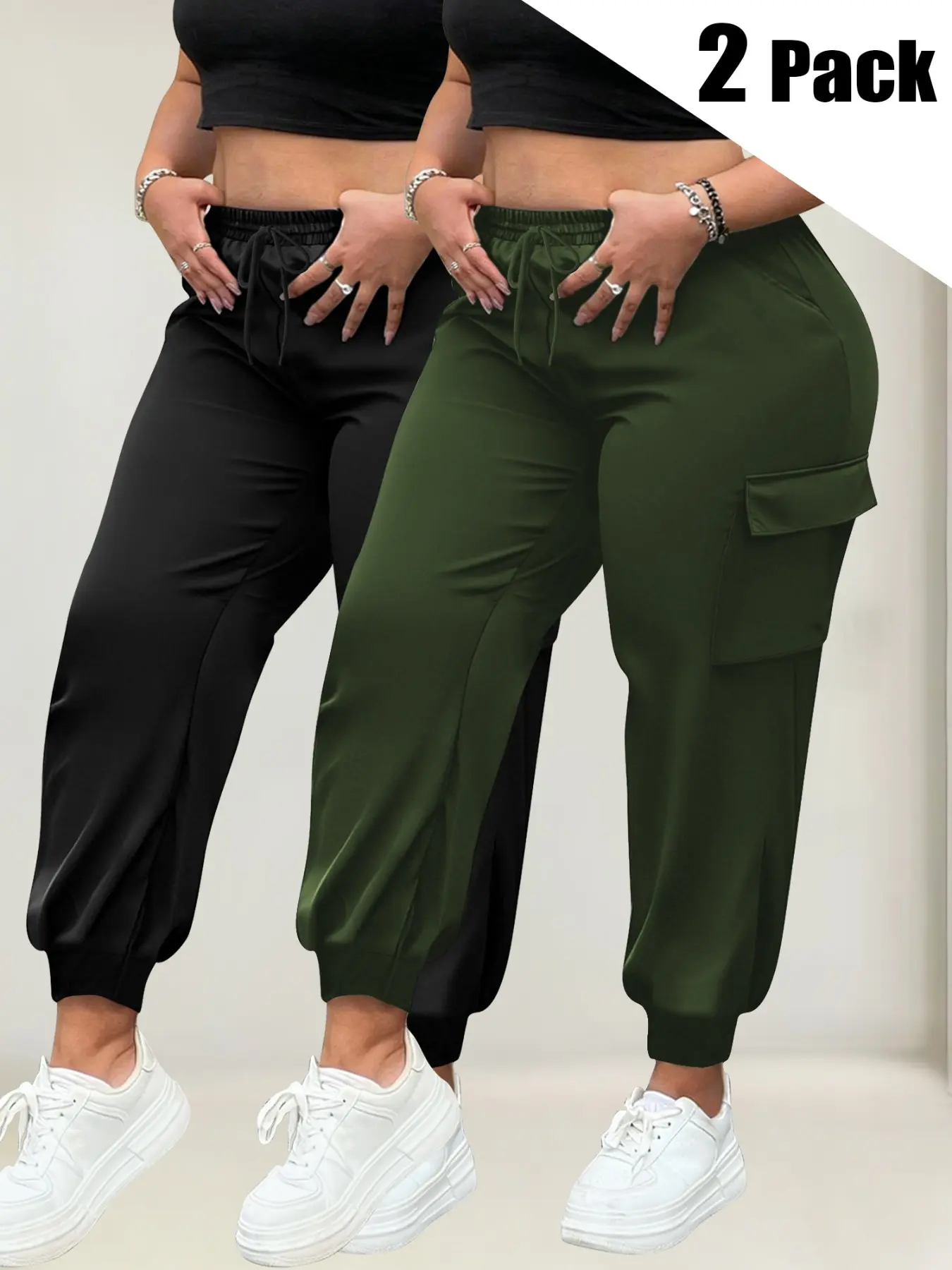 2-Pack Plus Size High-Waist Workout Joggers, Drawstring Comfort, Side Pockets, Soft Milk Fiber, Loose Fit, Sporty Casual Pants, Athleisure Fitness Bottoms