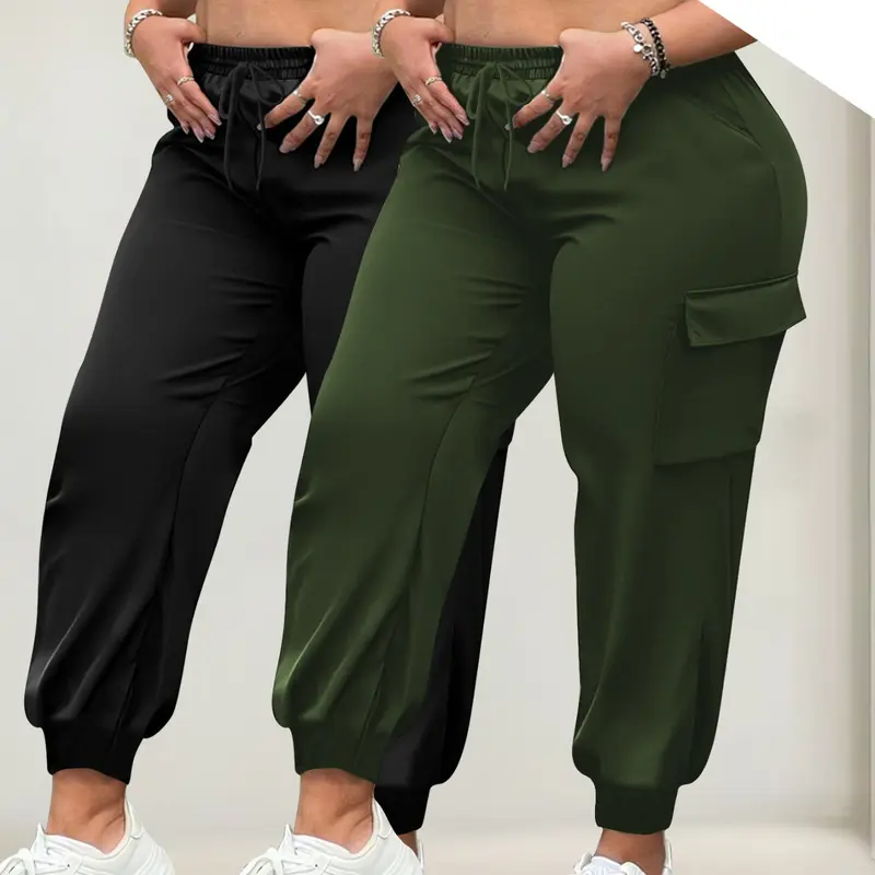 2-Pack Plus Size High-Waist Workout Joggers, Sporty Athletic Trousers, Drawstring Comfort, Side Pockets, Soft Fiber, Loose Fit, Sporty Casual Pants