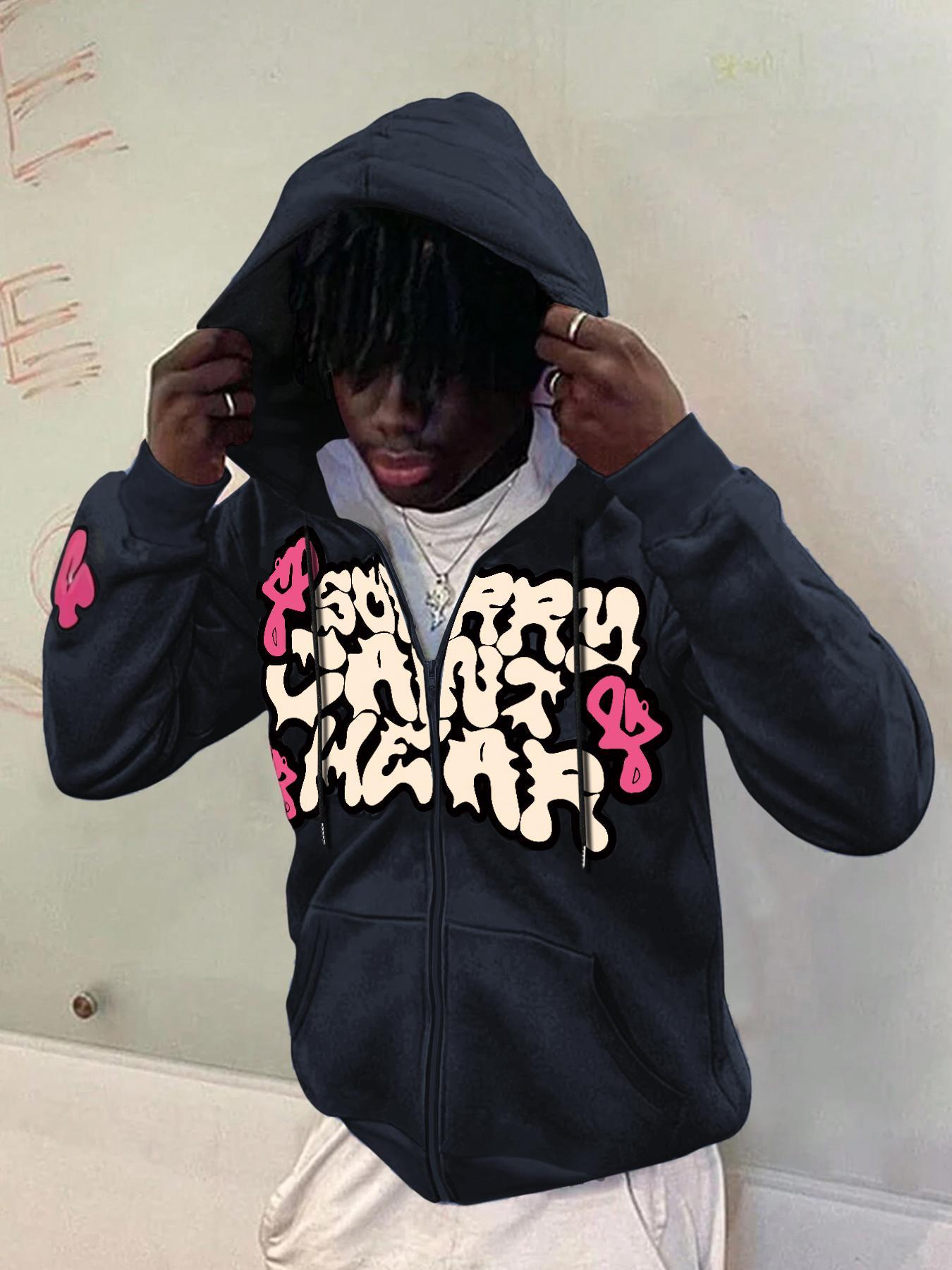 Men's Regular Fit Graphic Print Drop Shoulder Zip Up Hoodie, Fashion Casual Drawstring Pocket Plush Lined Hooded Sweatshirt for Daily Holiday Outdoor Wear, Men Clothes for Fall & Winter, Hooded Zipper Hoodie, Affirmation Zip Hoodie