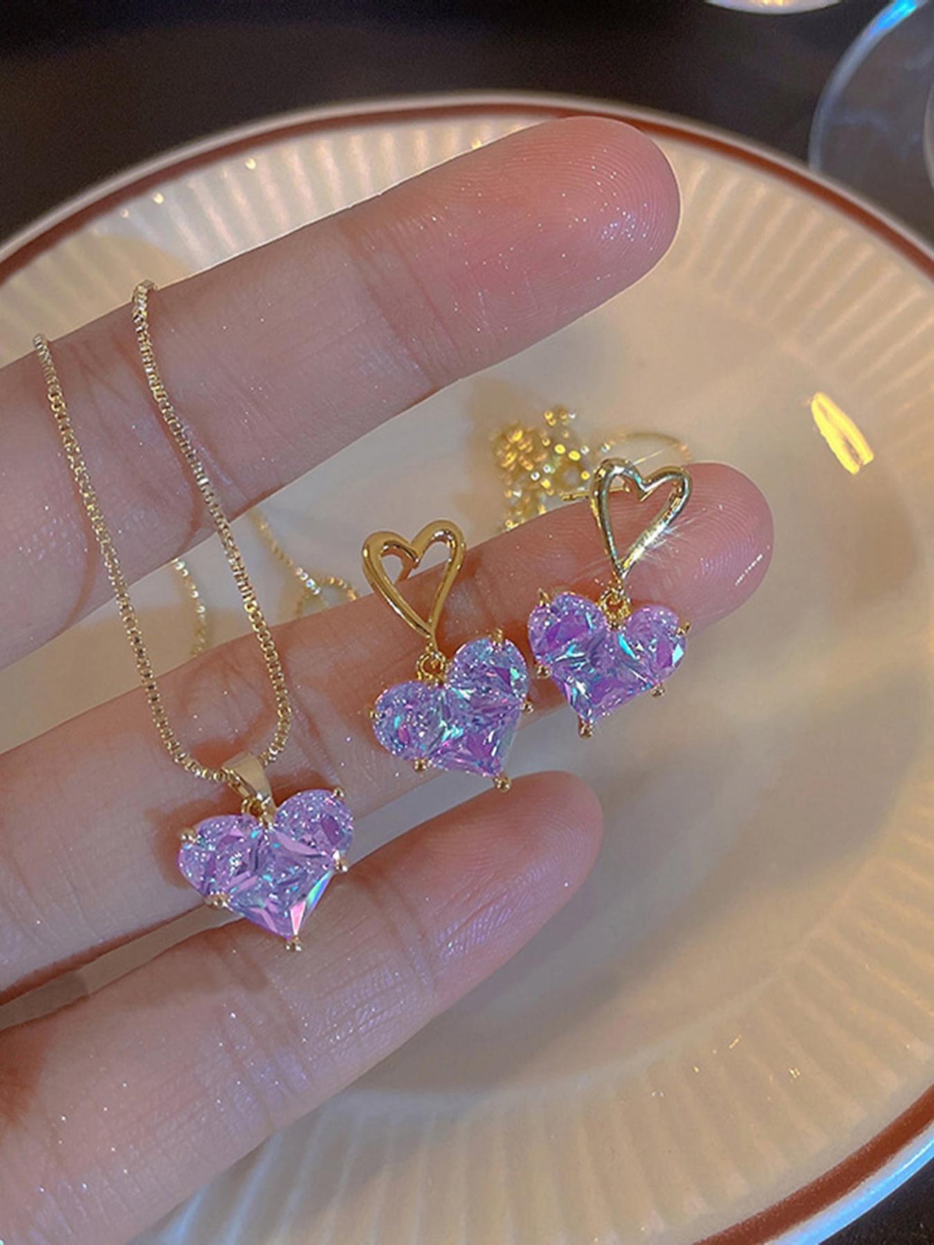 2024 Summer Heart Shape Design Jewelry Set, Pink Artificial Zircon Inlaid Pendant Necklace and Dangle Earrings, Sweet Fashion Matching Jewelry Accessories Set