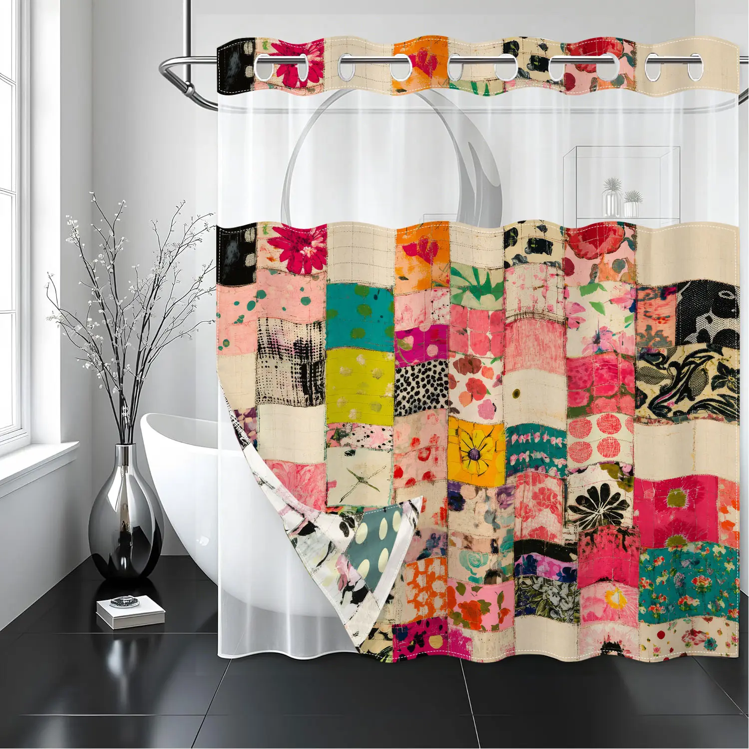 Colorful Boho Patchwork Quilt Pattern Shower Curtain, Double Layer Fabric Bathroom Curtain Set with Snap On Rings and Waterproof Liner, Vintage Floral Bath Decor