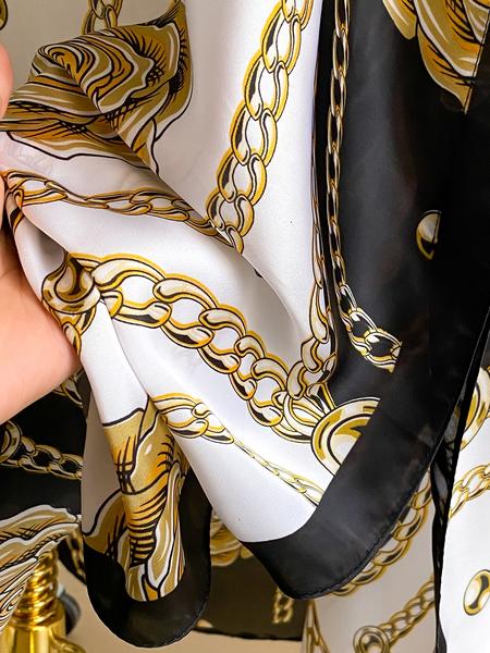 Elegant Floral Print Robe Set with Shawl Collar Dress, Long Scarf Headband for Women, Beach Sun Protection Satin Silk Fabric