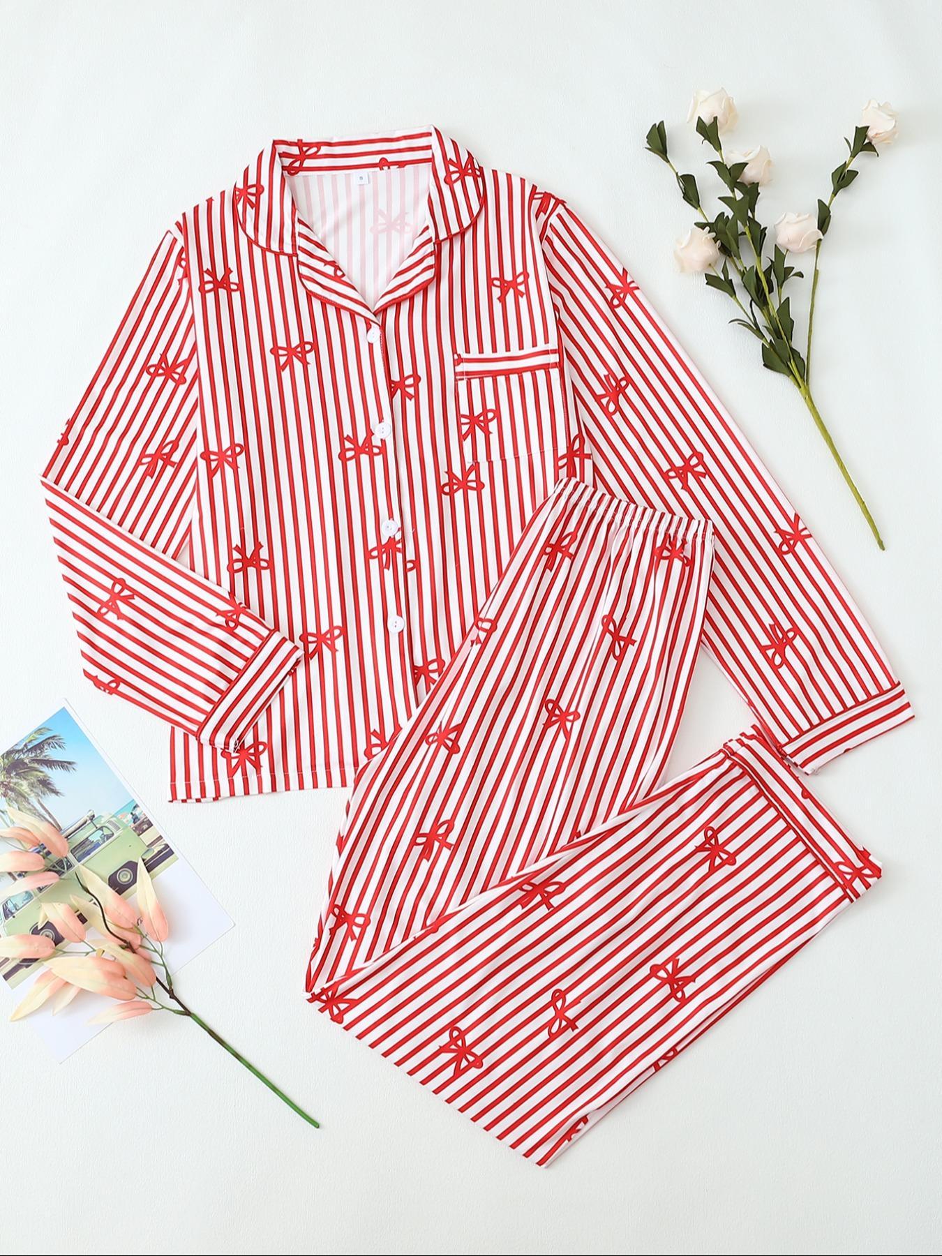 【Valentine Pajamas】Two-Piece Set Women's All Over Bow Print Button Front Shirt & Pants Pyjama, Casual Comfy Long Sleeve Lapel Neck Top & Trousers PJ Set, Women's Sleepwear for Spring & Fall