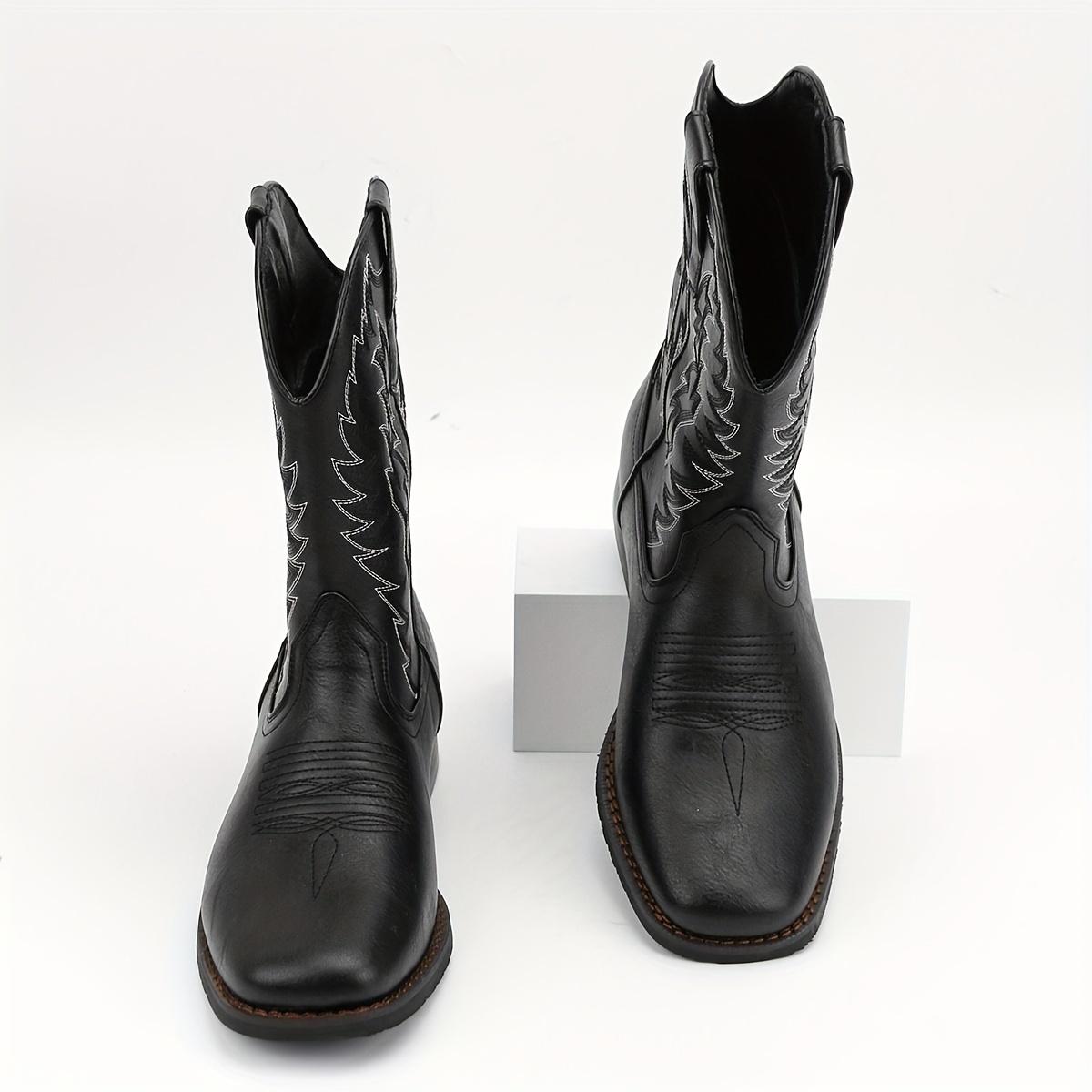 Men's Square Toe Roper Boots, Western Cowboy Boots Embroidered Mid-Calf Roper Boots Walking Shoes Footwear