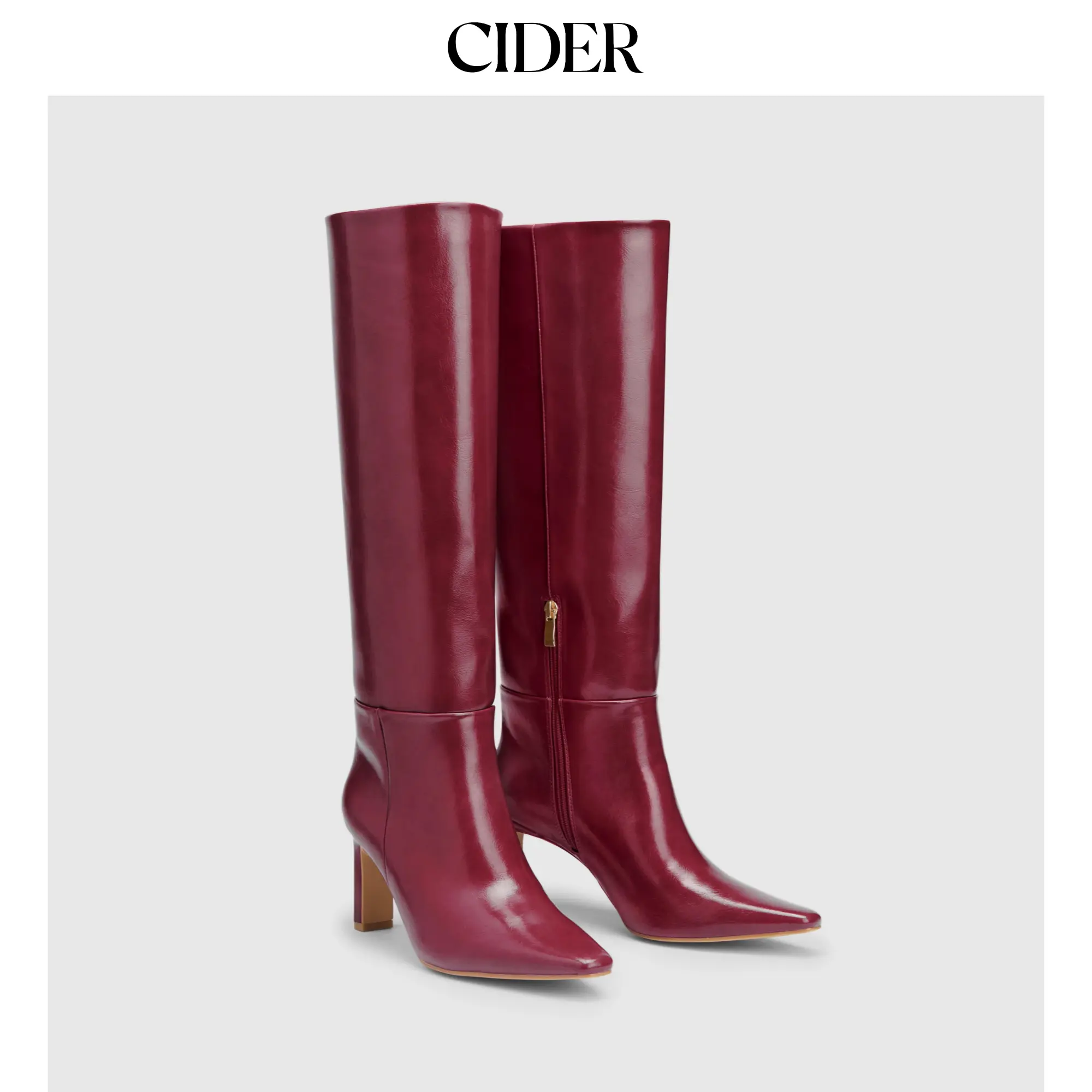 Cider [3 colors, size 6-11] POINTED TOE CHUNKY HEEL KNEE HIGH BOOTS