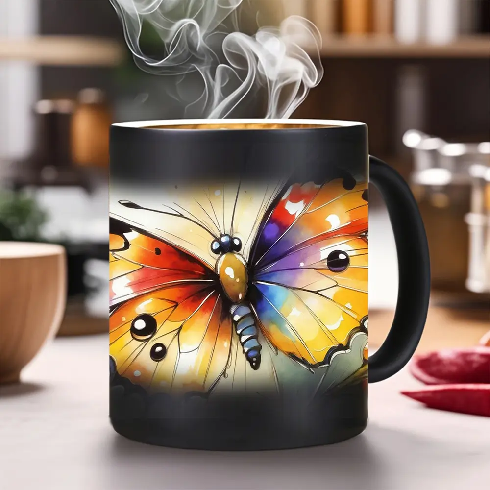 Watercolor Rainbow Butterfly 11oz Black Heat Changing Ceramic Coffee Mug, Vibrant Orange Purple Blue Wing Art Print, Nature Aesthetic Butterfly Lover Color Morphing Drinkware, Elegant Gift for Women Nature Fans