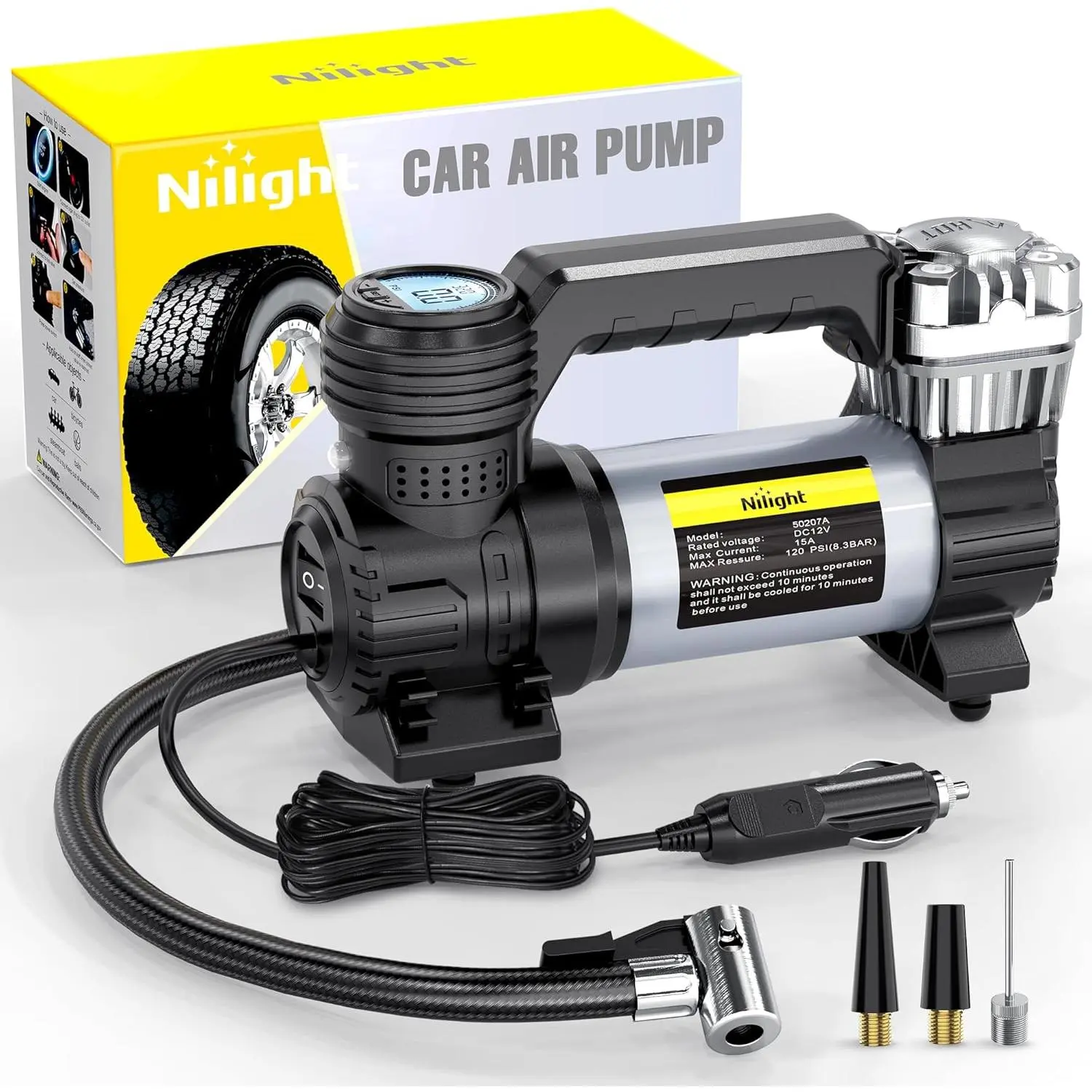 Nilight 12V Heavy-Duty Double 30mm Cylinders Digital Tire Inflator Tool with LED Flashlight, 120 PSI Metal Durable & Portable Pump, 30 L/min Airflow, High Torque Motor, Quick-Inflate, Automatic Shutoff for Cars, Motor Vehicles, Bicycles