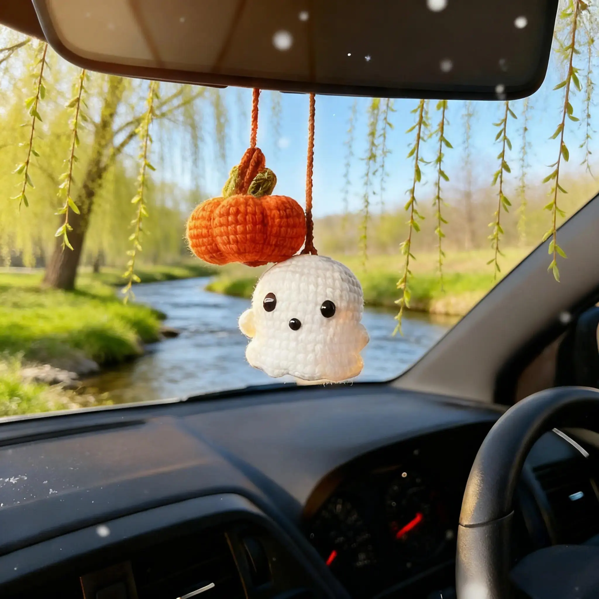 Hand Crochet Amigurumi Ghost And Pumpkin Rearview Mirror Car Hanging Charm Soft Knitted Cute Mini Ornament Light Portable Design For Vehicle Interior Decoration Road Trip Spring Summer Cozy Season Versatile Decorative Auto Pendant Accessory