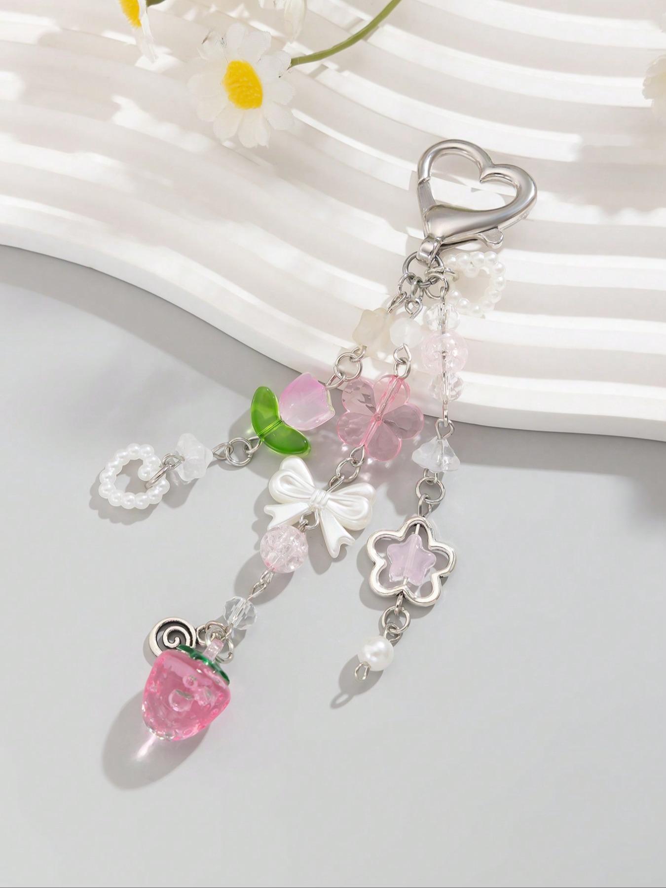 Cute Flower & Strawberry & Bowknot Design Keychain, Fashionable Alloy Keychain for Women & Girls, Trendy All-match & Exquisite Keychain for Birthday Gift