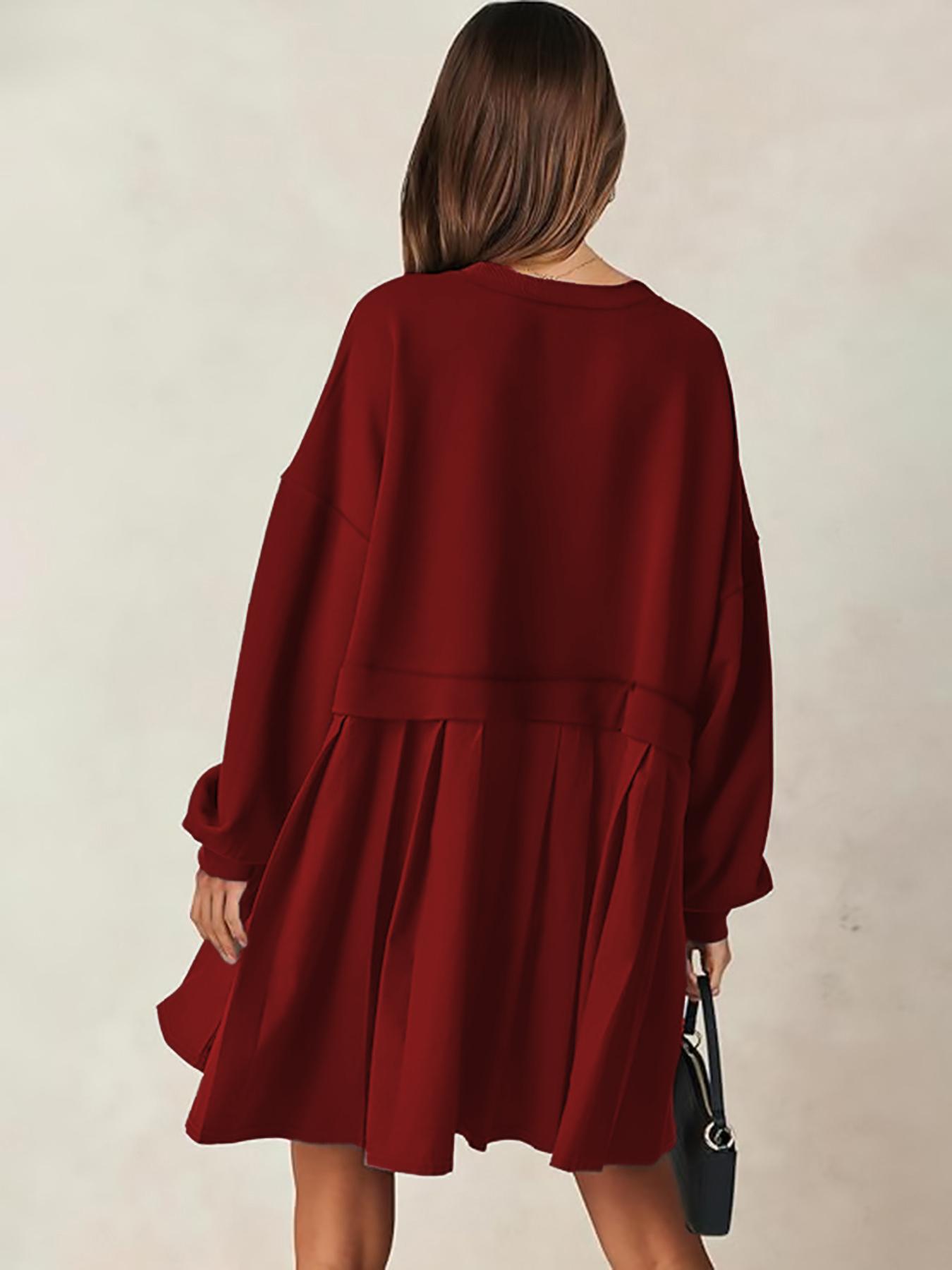 【Plus Size】 Solid Color 2 in 1 Smock Dress, Casual Basic Drop Shoulder Long Sleeve Fitted Short Dress for Fall & Winter, Women's Clothes for Daily Wear, Womenswear