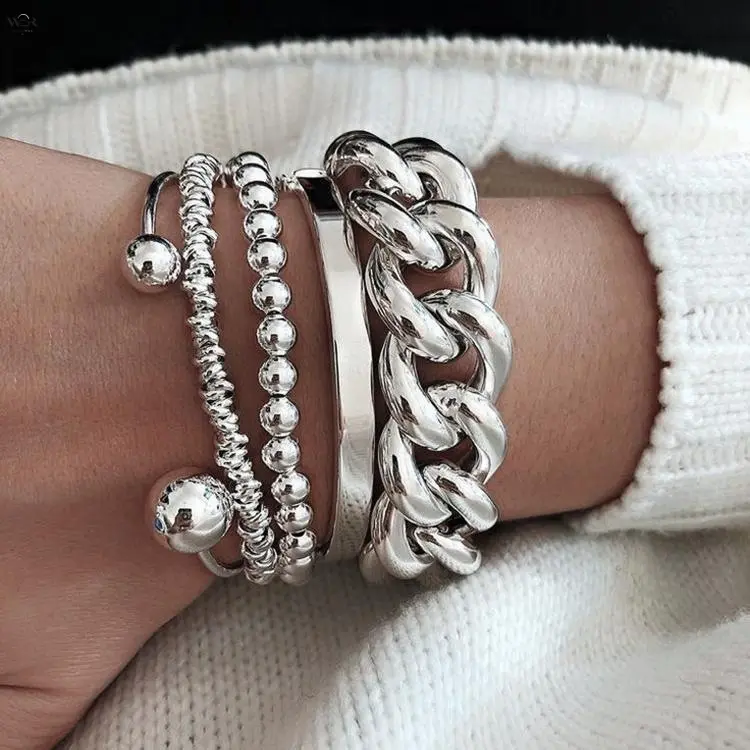 5 Pcs Chunky Chain Bead Bangle Bracelet Set for Women, Stackable Open Cuff Ball Bracelets, Hip Hop Multi-Layer Metal Wrist Jewelry, Silver & Gold Two Colors Available