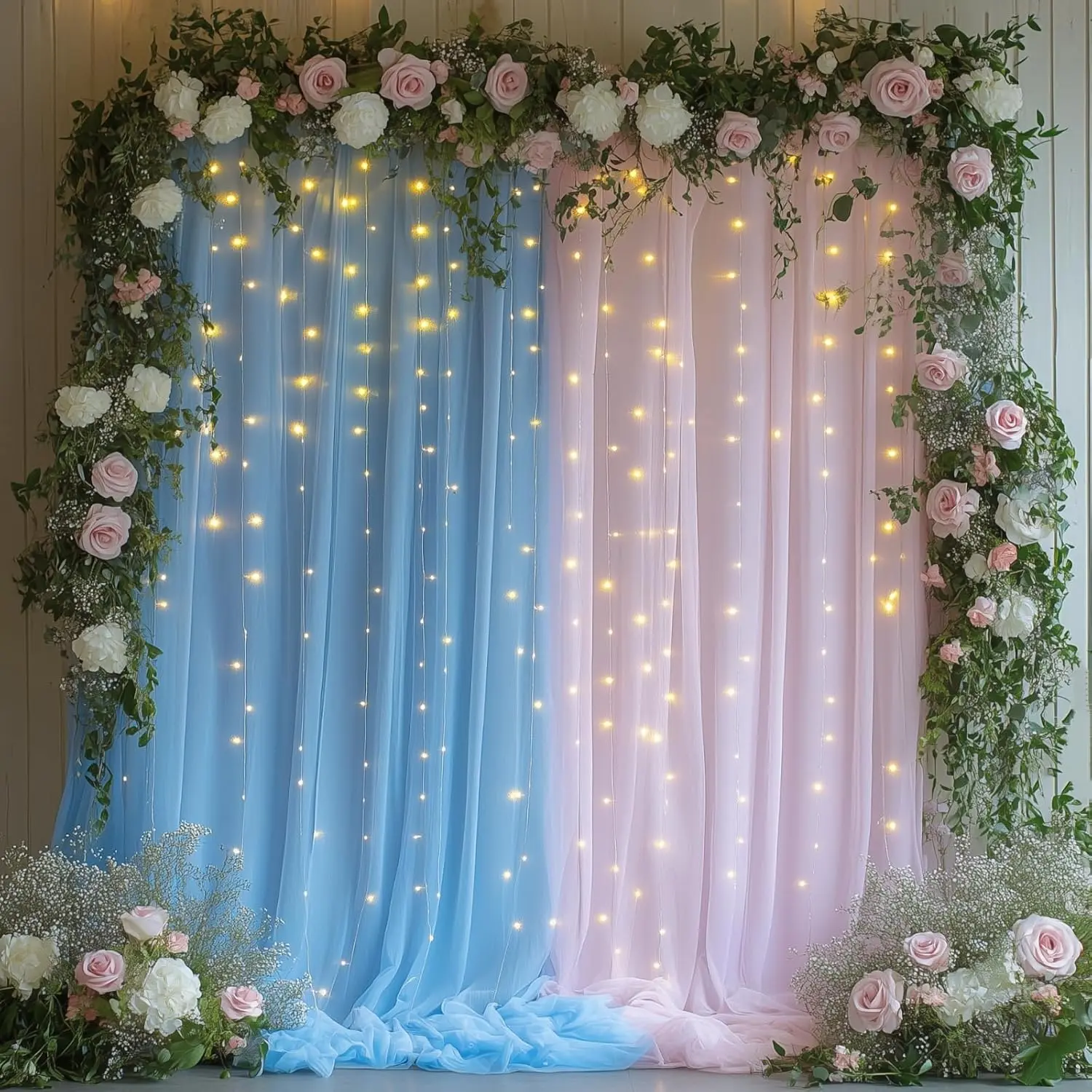 10x8ft Magical Pink Blue Tulle Backdrop Curtain Set with String Lights, Wrinkle-Free Sheer Banners for Gender Reveal, Photo Shoots, Home & Party Supplies, Curtains