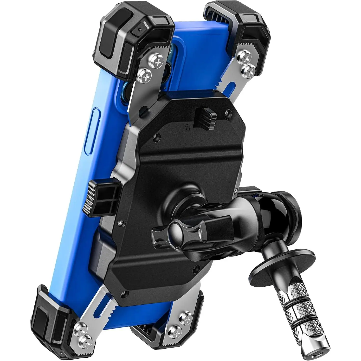 Motorcycle Fork Stem Phone Mount, Quick Lock 1s Release, Safety Mechanism, Alloy Anti-Vibration Ball Joint Arm, Fits 12-25.4mm Fork Stem Tubes & 5.5"-7.2" Cellphones