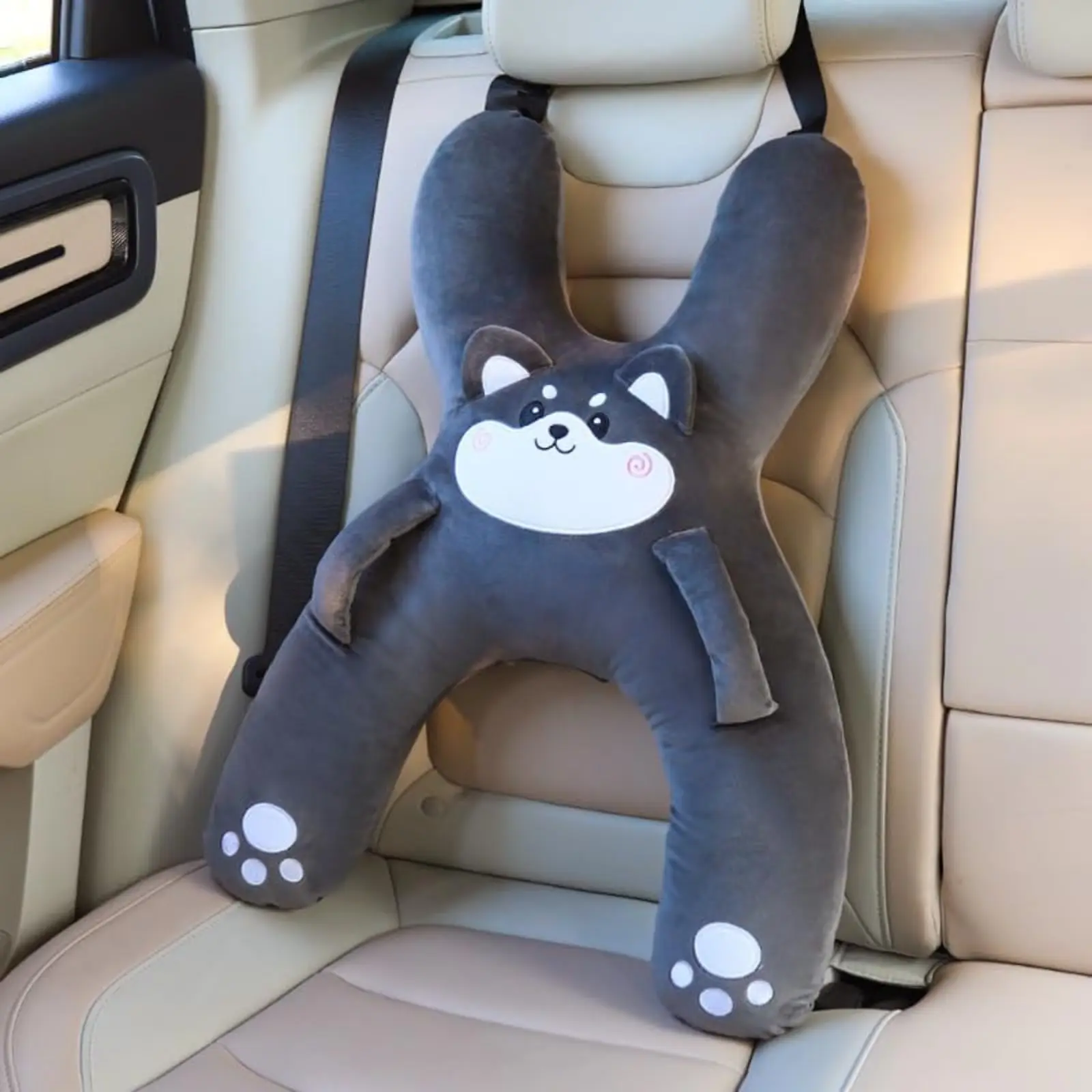 Travel Pillow with Safety Belt Protector, H-Shaped Neck & Back Support, Cute Animal Plush Design, for Road Trips & Daily Commutes, Machine Washable