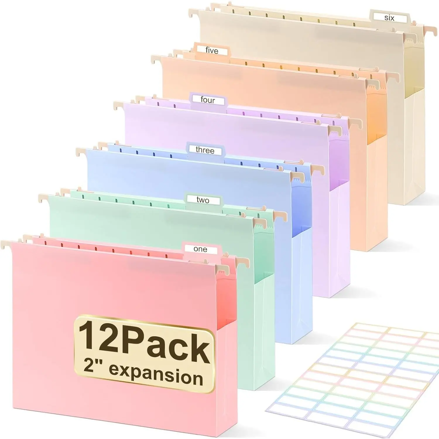 Plastic Hanging File Folders, Letter Size, Multiple Packs (12-Count), 2-In Extra Capacity with Tabs, Heavy Duty for Home Office Filing Cabinet, Pastel Colors