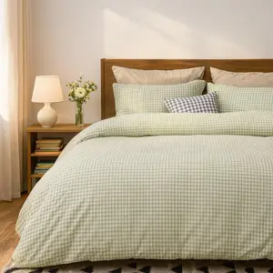 Green Plaid Duvet Cover Set Queen Size Checkered Grid Comforter Cover 100% Washed Bedding Set 3Pcs Soft Breathable Set Farmhouse Cozy Bedroom Decor Gifts for Women Men